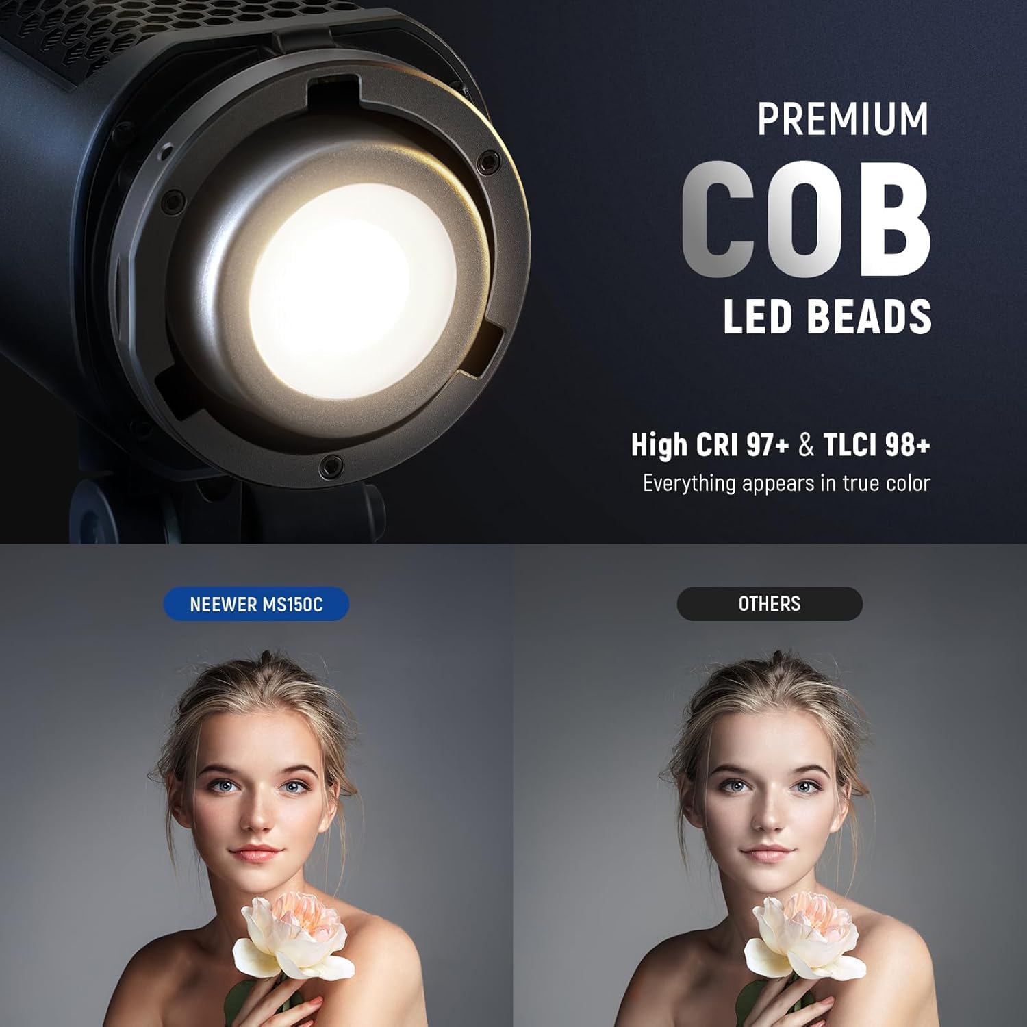 Imagen de NEEWER MS150C RGBWW Luz de Vídeo LED con 2,4G/App Control, 150W Metal Mini RGB COB Foco Lámpara Continua Bowens Mount 2700K-6500K 16600lux/1m CRI97+/TLCI98+ 17 Efectos para Estudio Fotográfico, RGBCW