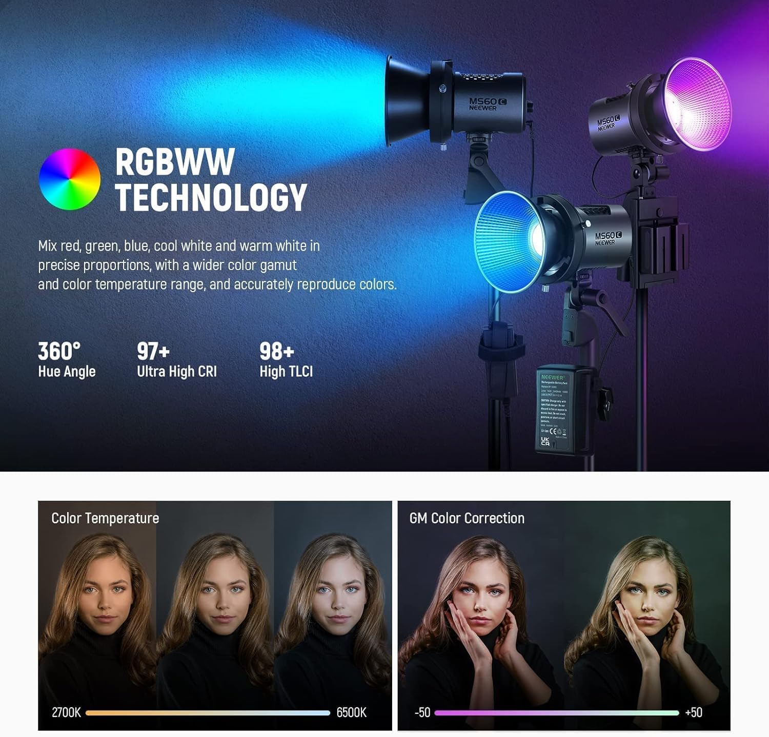 Imagen de NEEWER MS150C RGBWW Luz de Vídeo LED con 2,4G/App Control, 150W Metal Mini RGB COB Foco Lámpara Continua Bowens Mount 2700K-6500K 16600lux/1m CRI97+/TLCI98+ 17 Efectos para Estudio Fotográfico, RGBCW
