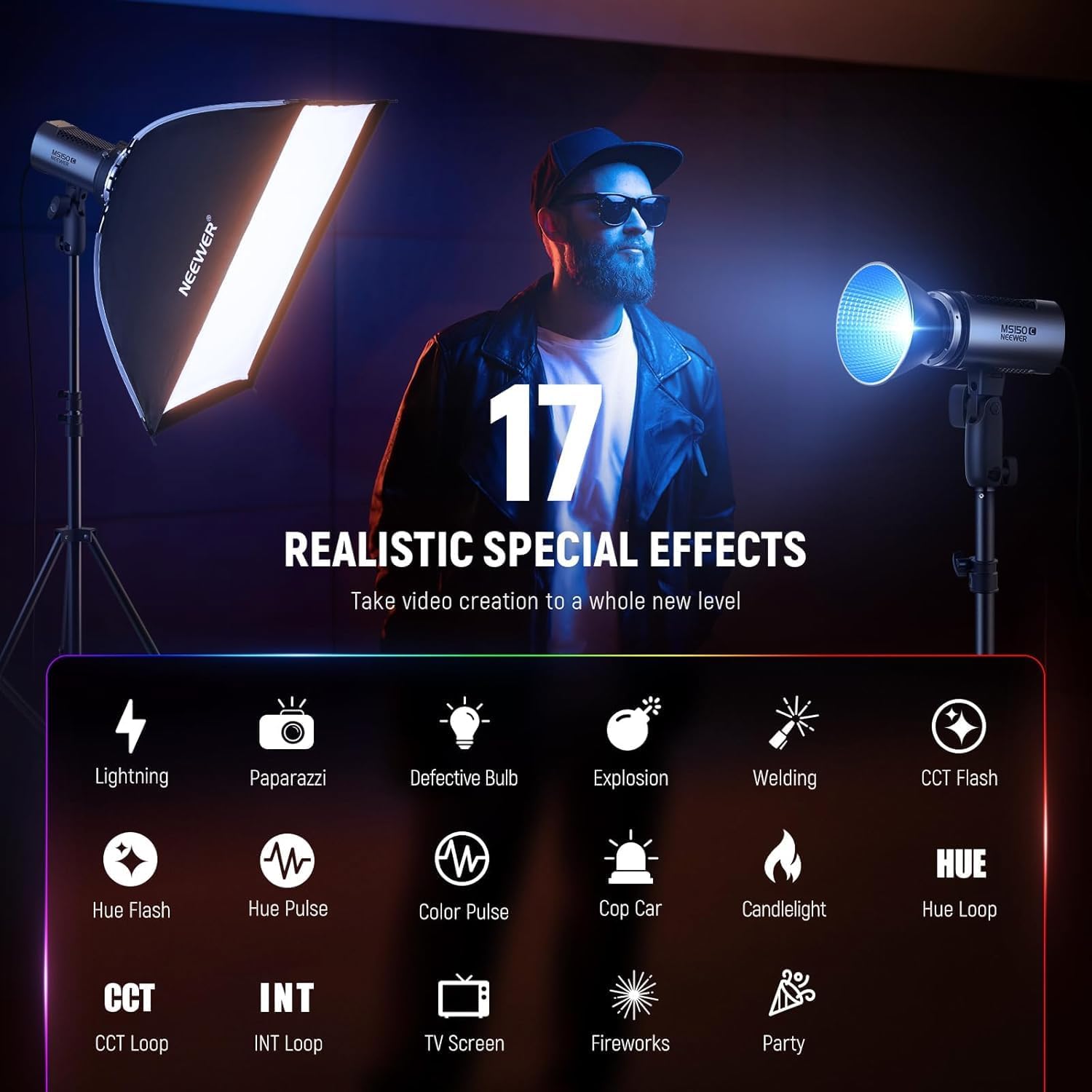 Imagen de NEEWER MS150C RGBWW Luz de Vídeo LED con 2,4G/App Control, 150W Metal Mini RGB COB Foco Lámpara Continua Bowens Mount 2700K-6500K 16600lux/1m CRI97+/TLCI98+ 17 Efectos para Estudio Fotográfico, RGBCW