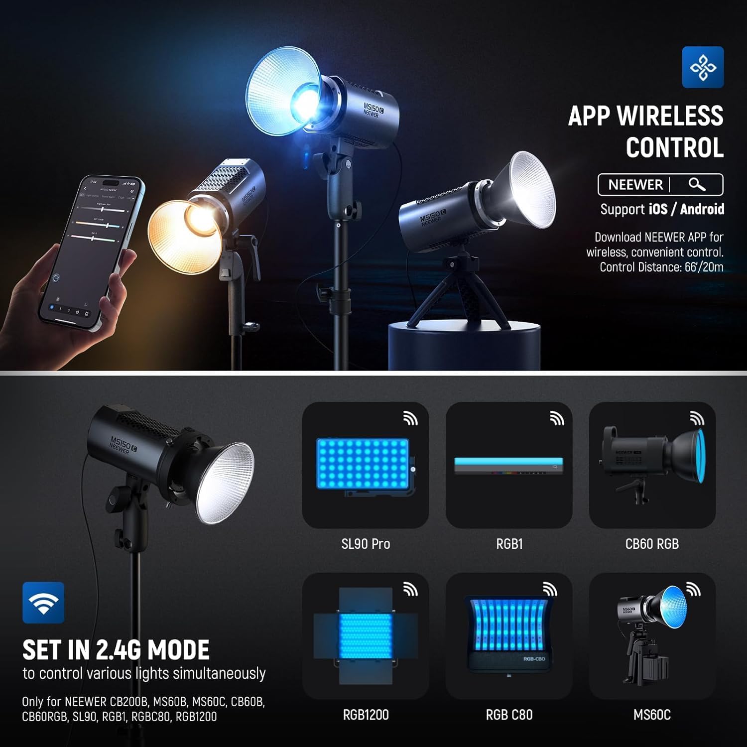 Imagen de NEEWER MS150C RGBWW Luz de Vídeo LED con 2,4G/App Control, 150W Metal Mini RGB COB Foco Lámpara Continua Bowens Mount 2700K-6500K 16600lux/1m CRI97+/TLCI98+ 17 Efectos para Estudio Fotográfico, RGBCW