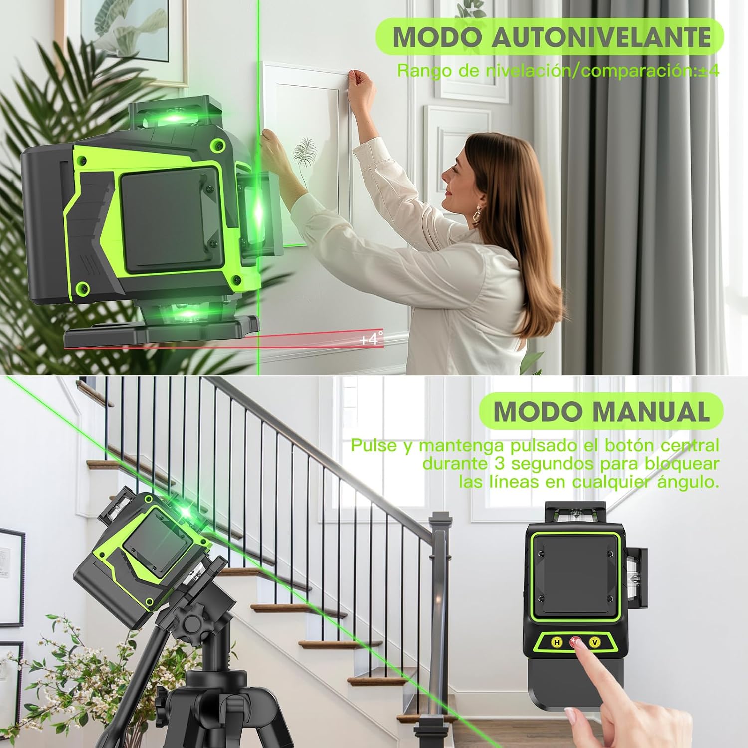 Imagen de Nivel Laser Autonivelante 360 Grados, Nivel Láser Verde 16 Líneas, 2 x 360 Horizontal y 2 x 360 Verticales, 2 x Batería, Montaje en Pared, Control Remoto, Base Magnética, Soporte Giratorio