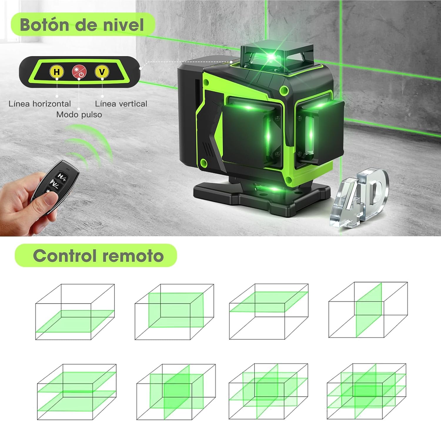 Imagen de Nivel Laser Autonivelante 360 Grados, Nivel Láser Verde 16 Líneas, 2 x 360 Horizontal y 2 x 360 Verticales, 2 x Batería, Montaje en Pared, Control Remoto, Base Magnética, Soporte Giratorio