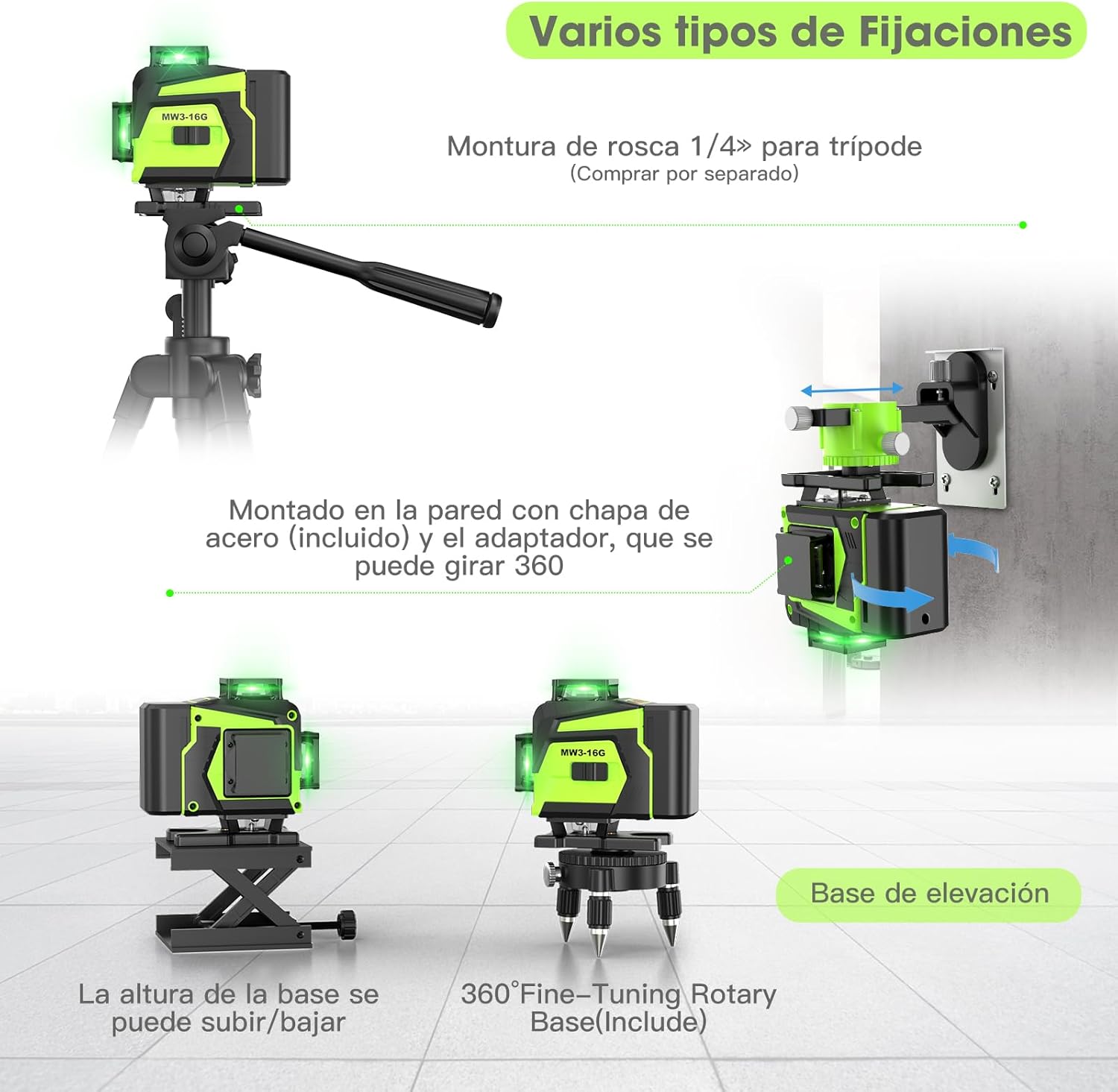 Imagen de Nivel Laser Autonivelante 360 Grados, Nivel Láser Verde 16 Líneas, 2 x 360 Horizontal y 2 x 360 Verticales, 2 x Batería, Montaje en Pared, Control Remoto, Base Magnética, Soporte Giratorio