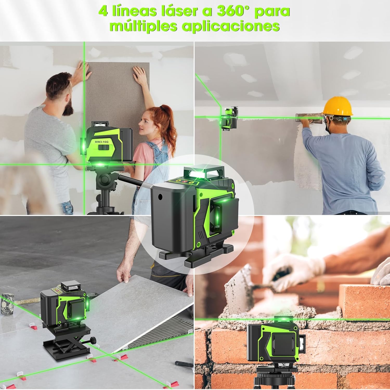 Imagen de Nivel Laser Autonivelante 360 Grados, Nivel Láser Verde 16 Líneas, 2 x 360 Horizontal y 2 x 360 Verticales, 2 x Batería, Montaje en Pared, Control Remoto, Base Magnética, Soporte Giratorio