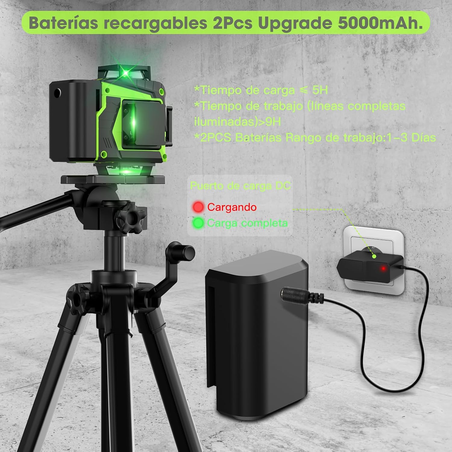 Imagen de Nivel Laser Autonivelante 360 Grados, Nivel Láser Verde 16 Líneas, 2 x 360 Horizontal y 2 x 360 Verticales, 2 x Batería, Montaje en Pared, Control Remoto, Base Magnética, Soporte Giratorio