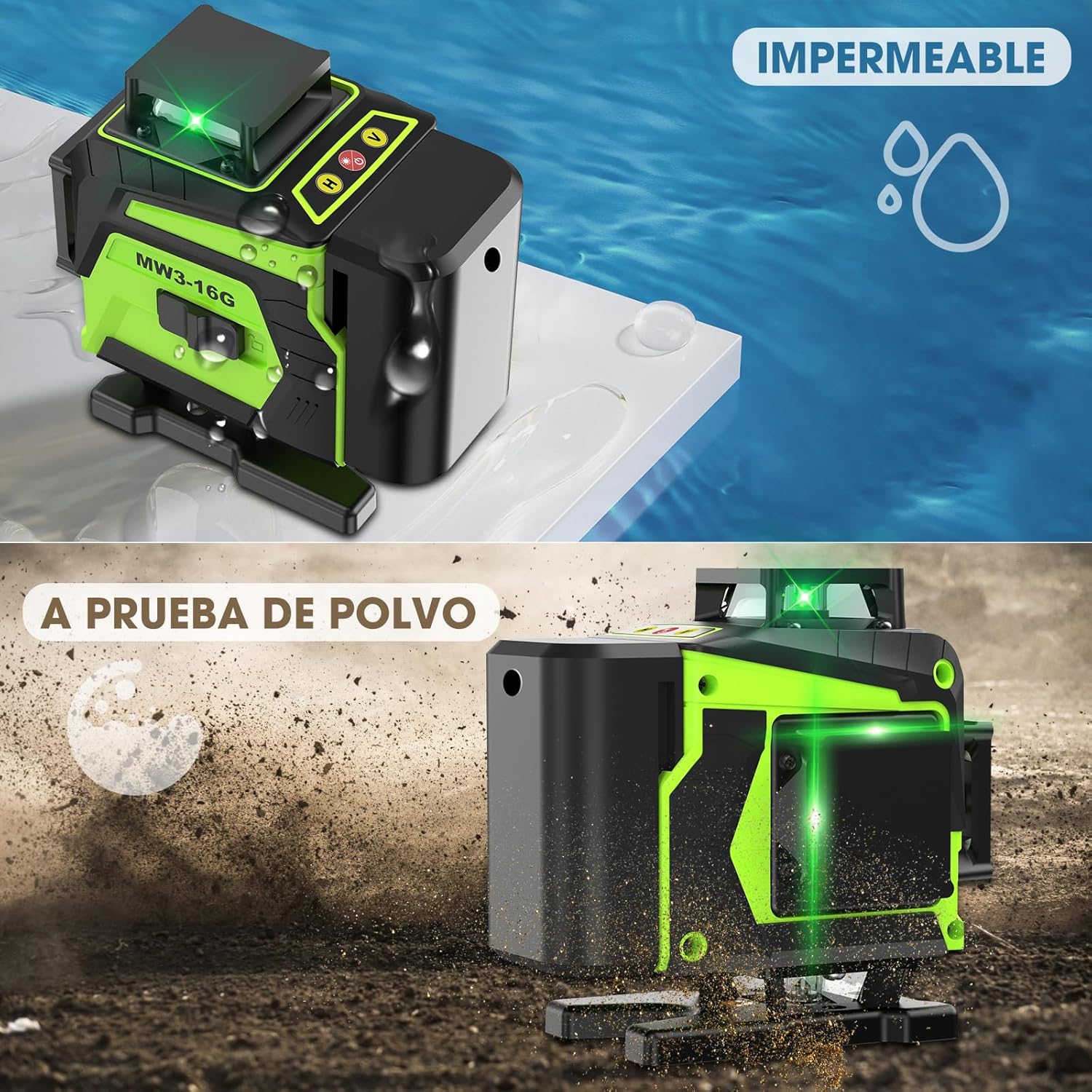 Imagen de Nivel Laser Autonivelante 360 Grados, Nivel Láser Verde 16 Líneas, 2 x 360 Horizontal y 2 x 360 Verticales, 2 x Batería, Montaje en Pared, Control Remoto, Base Magnética, Soporte Giratorio
