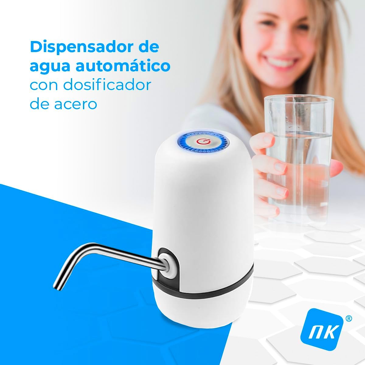 Imagen de NK Dispensador de Agua Fría Automático, Carga USB, Dosificador de Acero, sin BPA, 1200mAh, Transportable, para Garrafas y Botellas 1.5L, 5.7L, 10L, 11.3L, 15L, 18.9L - Color Blanco