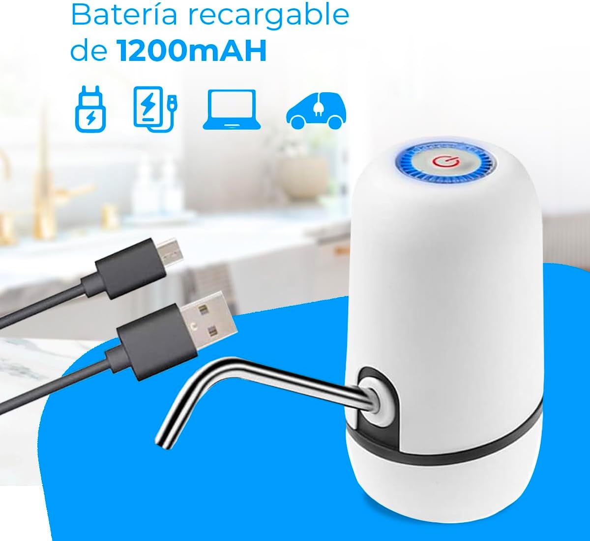Imagen de NK Dispensador de Agua Fría Automático, Carga USB, Dosificador de Acero, sin BPA, 1200mAh, Transportable, para Garrafas y Botellas 1.5L, 5.7L, 10L, 11.3L, 15L, 18.9L - Color Blanco