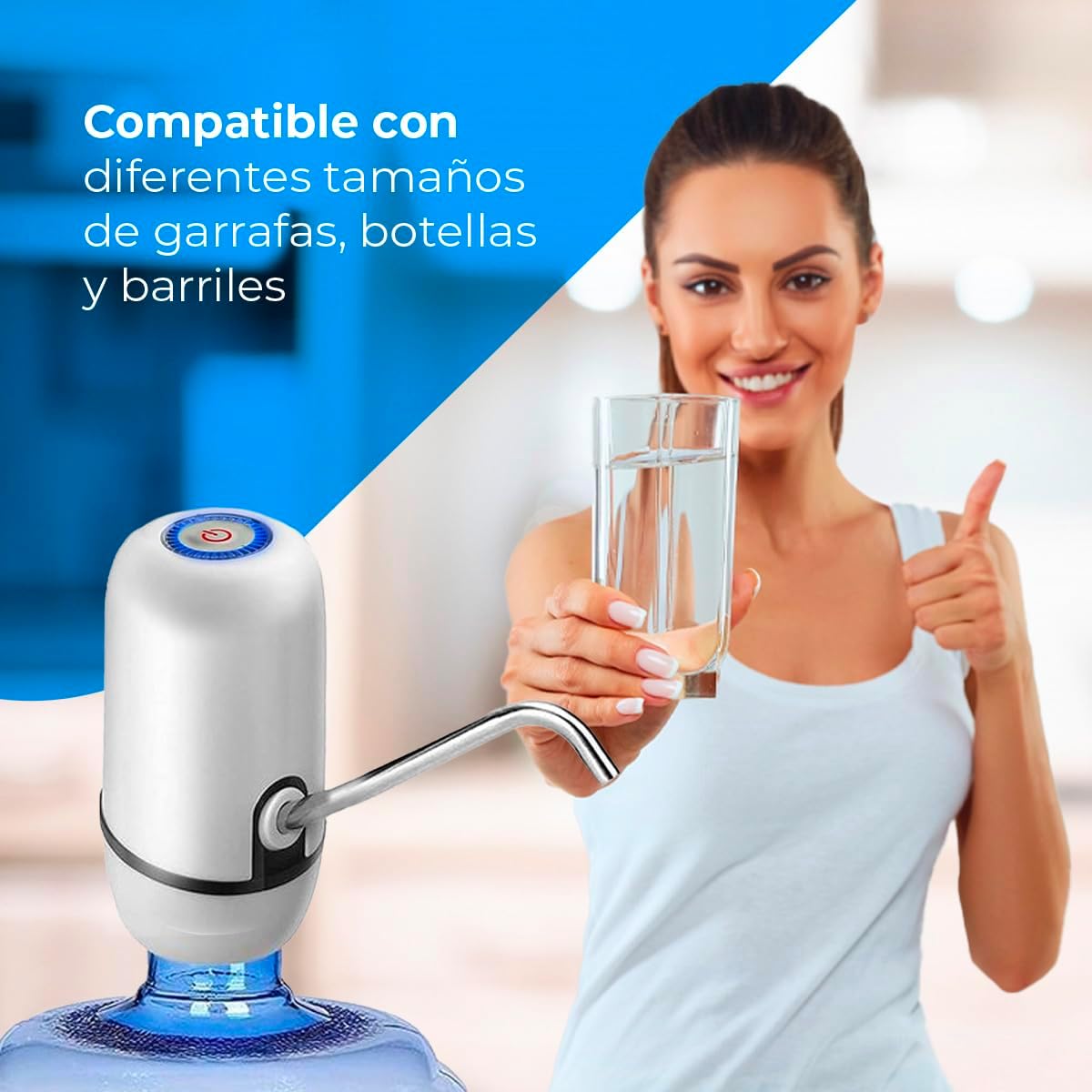 Imagen de NK Dispensador de Agua Fría Automático, Carga USB, Dosificador de Acero, sin BPA, 1200mAh, Transportable, para Garrafas y Botellas 1.5L, 5.7L, 10L, 11.3L, 15L, 18.9L - Color Blanco