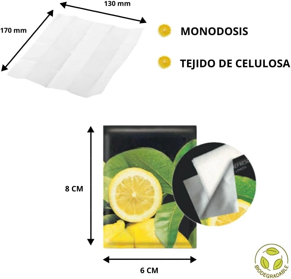 Imagen de Obulco Cuidado Personal y Salud – Toallitas Limón - Toallitas Refrescantes Para Manos con Fragancia de Limón - Elimina Olores de Marisco, Pescado, Carne, Suciedad - Sobres Individuales - Hostelería