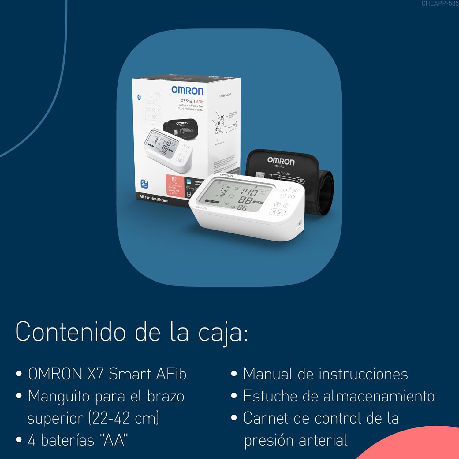 Imagen de OMRON X7 Smart AFib Tensiómetro | Detecta Fibrilación Auricular con cada toma de tensión en casa | Clínicamente validado incl. embarazo y diabetes | 2 Usuarios | Brazalete Intelli Wrap 22-42cm