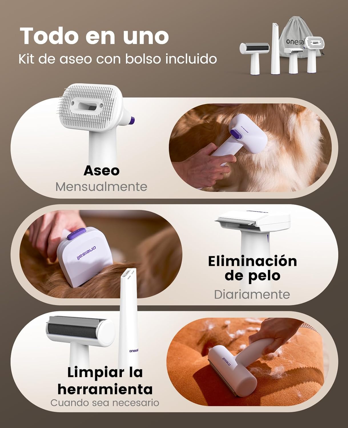 Imagen de oneisall Aspira peli Cane &Gatto domésticocon Cepillo, Súper Poder de succión con 12000pa, Aspiradora para pelos de Perro con un botón, Aspiradora pelos Mascotas con 4 Cepillos