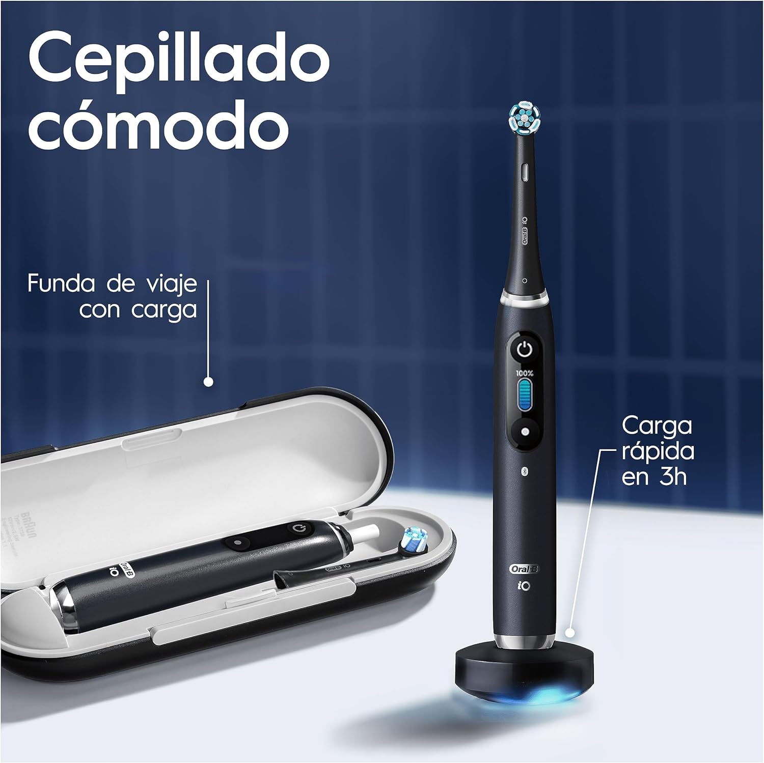 Imagen de Oral-B iO 9 Cepillo De Dientes Eléctrico Negro, 3 Cabezales, 1 Estuche Cargador De Viaje, 7 Modos De Cepillado, Sensor De Presión, Edición Especial, Diseñado Por Braun