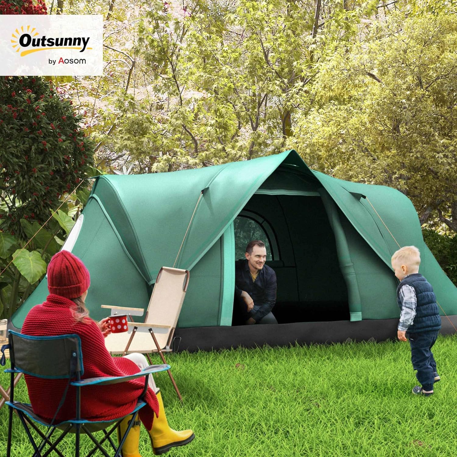 Imagen de Outsunny Tienda de Campaña Familiar para 5 Personas Tienda de Acampada de Túnel Impermeable 3000mm+ Tienda de Camping con Bolsa de Transporte y Gancho para Pescar Senderismo 455x220x180 cm