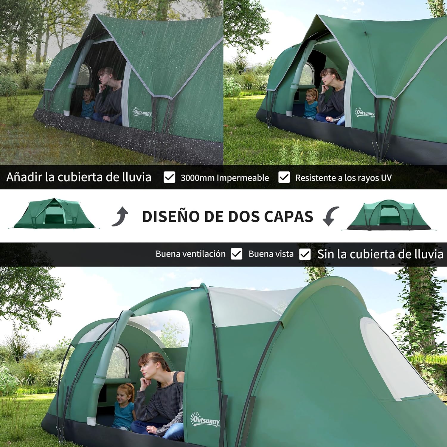 Imagen de Outsunny Tienda de Campaña Familiar para 5 Personas Tienda de Acampada de Túnel Impermeable 3000mm+ Tienda de Camping con Bolsa de Transporte y Gancho para Pescar Senderismo 455x220x180 cm