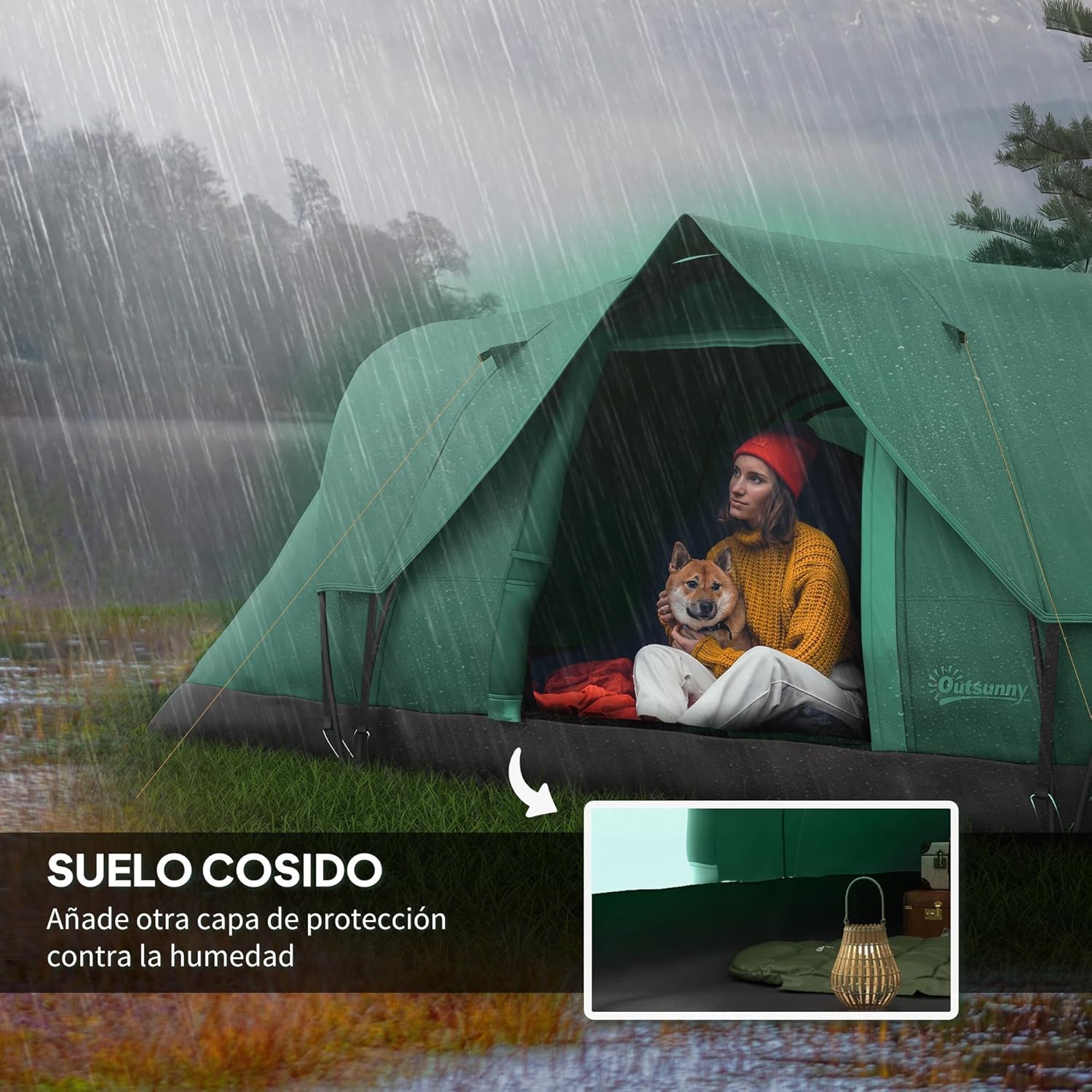 Imagen de Outsunny Tienda de Campaña Familiar para 5 Personas Tienda de Acampada de Túnel Impermeable 3000mm+ Tienda de Camping con Bolsa de Transporte y Gancho para Pescar Senderismo 455x220x180 cm