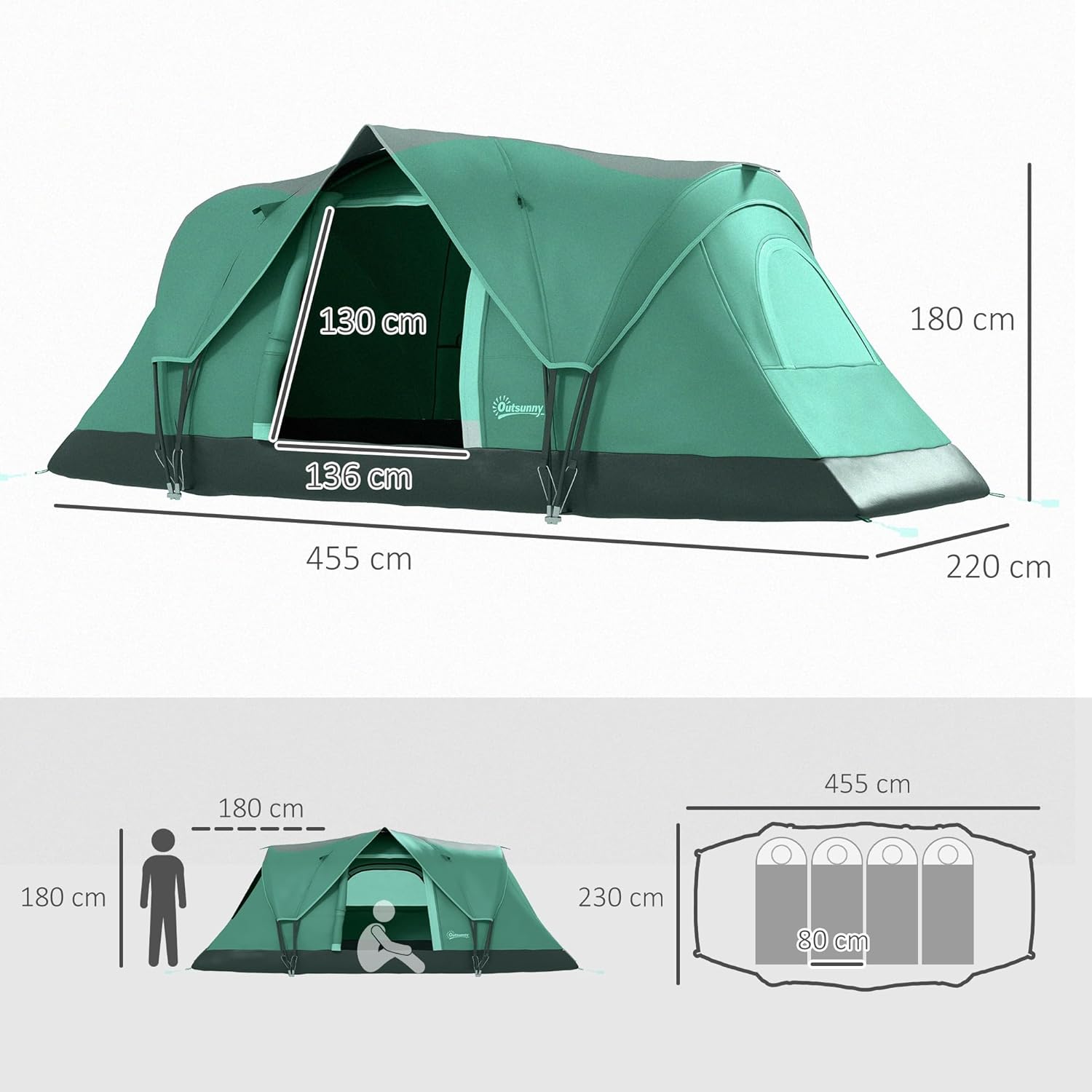 Imagen de Outsunny Tienda de Campaña Familiar para 5 Personas Tienda de Acampada de Túnel Impermeable 3000mm+ Tienda de Camping con Bolsa de Transporte y Gancho para Pescar Senderismo 455x220x180 cm