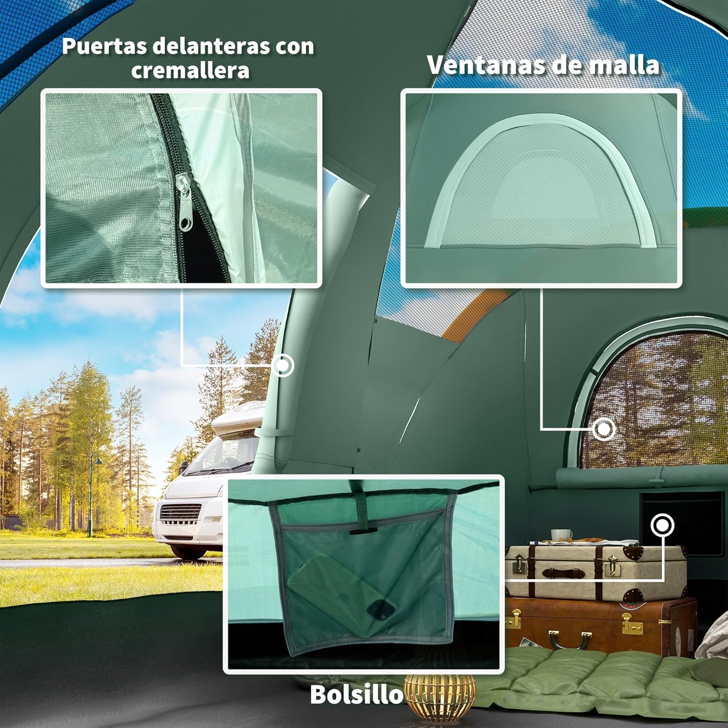 Imagen de Outsunny Tienda de Campaña Familiar para 5 Personas Tienda de Acampada de Túnel Impermeable 3000mm+ Tienda de Camping con Bolsa de Transporte y Gancho para Pescar Senderismo 455x220x180 cm