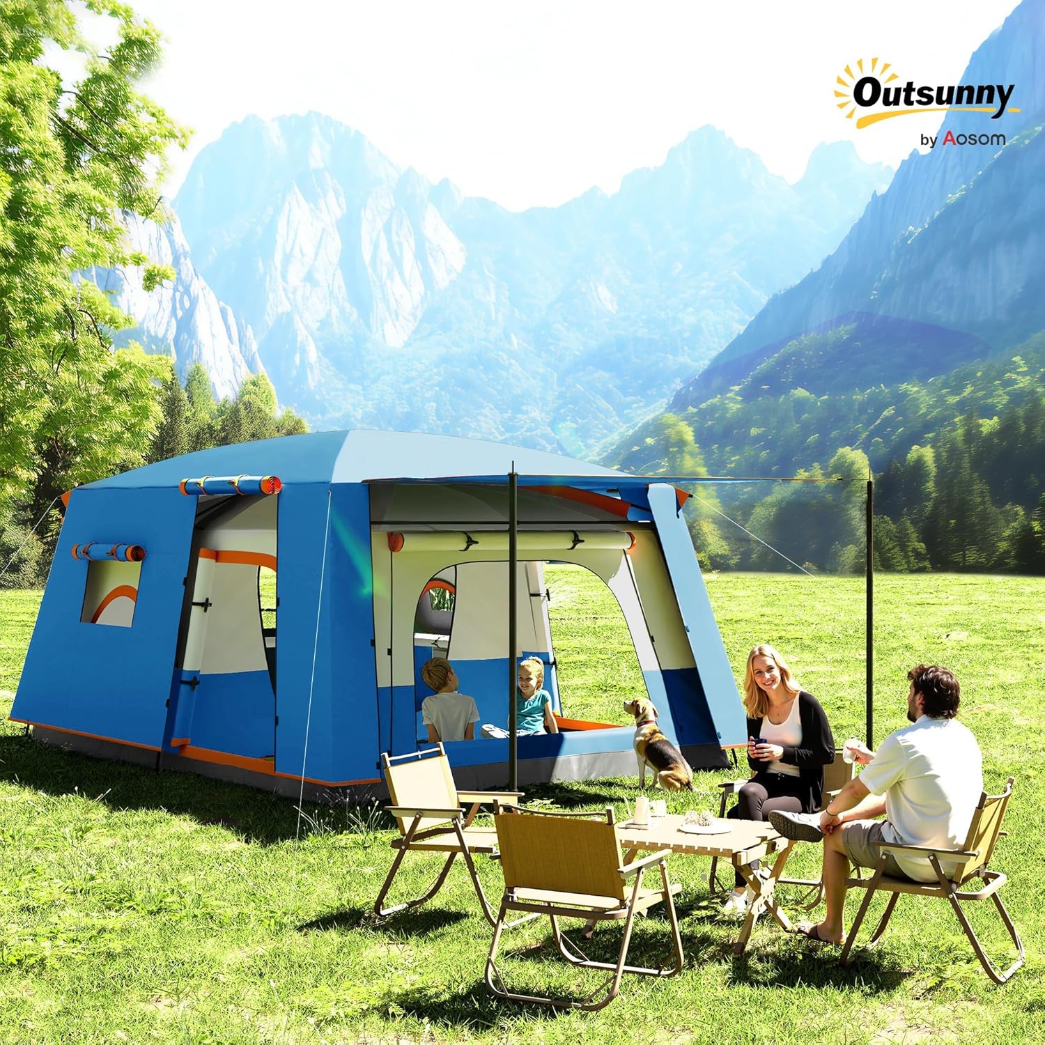 Imagen de Outsunny Tienda de Campaña Familiar para 5 Personas Tienda de Camping Tipo Túnel con 2 Habitaciones Porche Impermeable 3000 mm Anti-UV para Pescar Senderismo