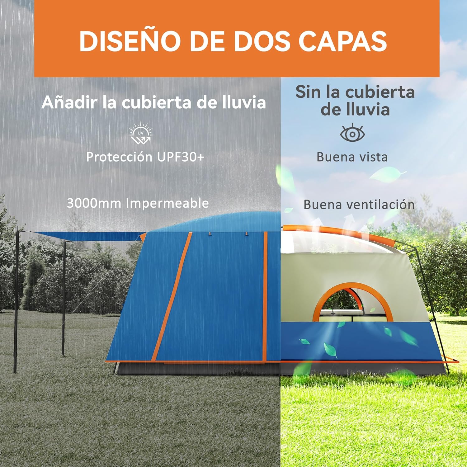 Imagen de Outsunny Tienda de Campaña Familiar para 5 Personas Tienda de Camping Tipo Túnel con 2 Habitaciones Porche Impermeable 3000 mm Anti-UV para Pescar Senderismo