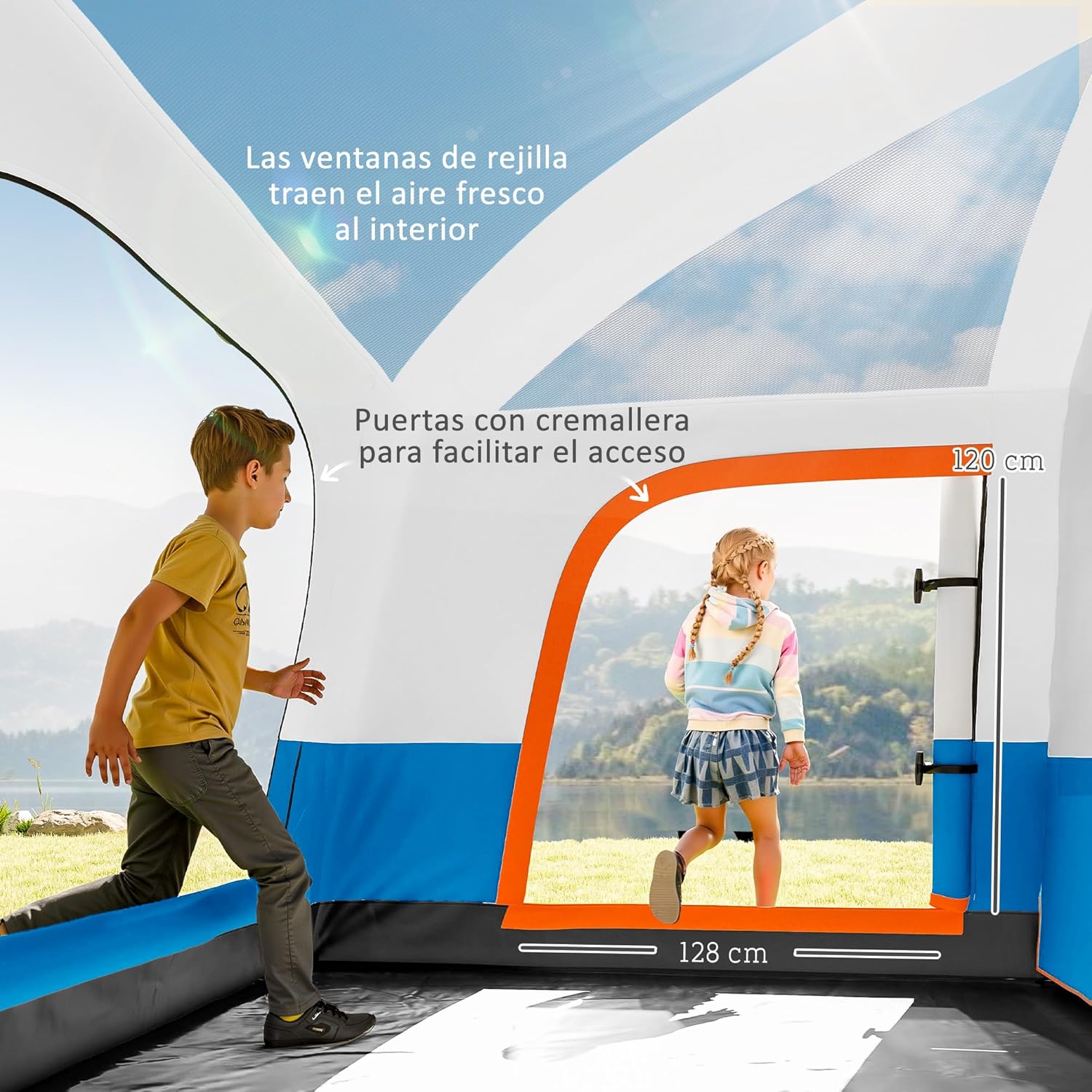 Imagen de Outsunny Tienda de Campaña Familiar para 5 Personas Tienda de Camping Tipo Túnel con 2 Habitaciones Porche Impermeable 3000 mm Anti-UV para Pescar Senderismo
