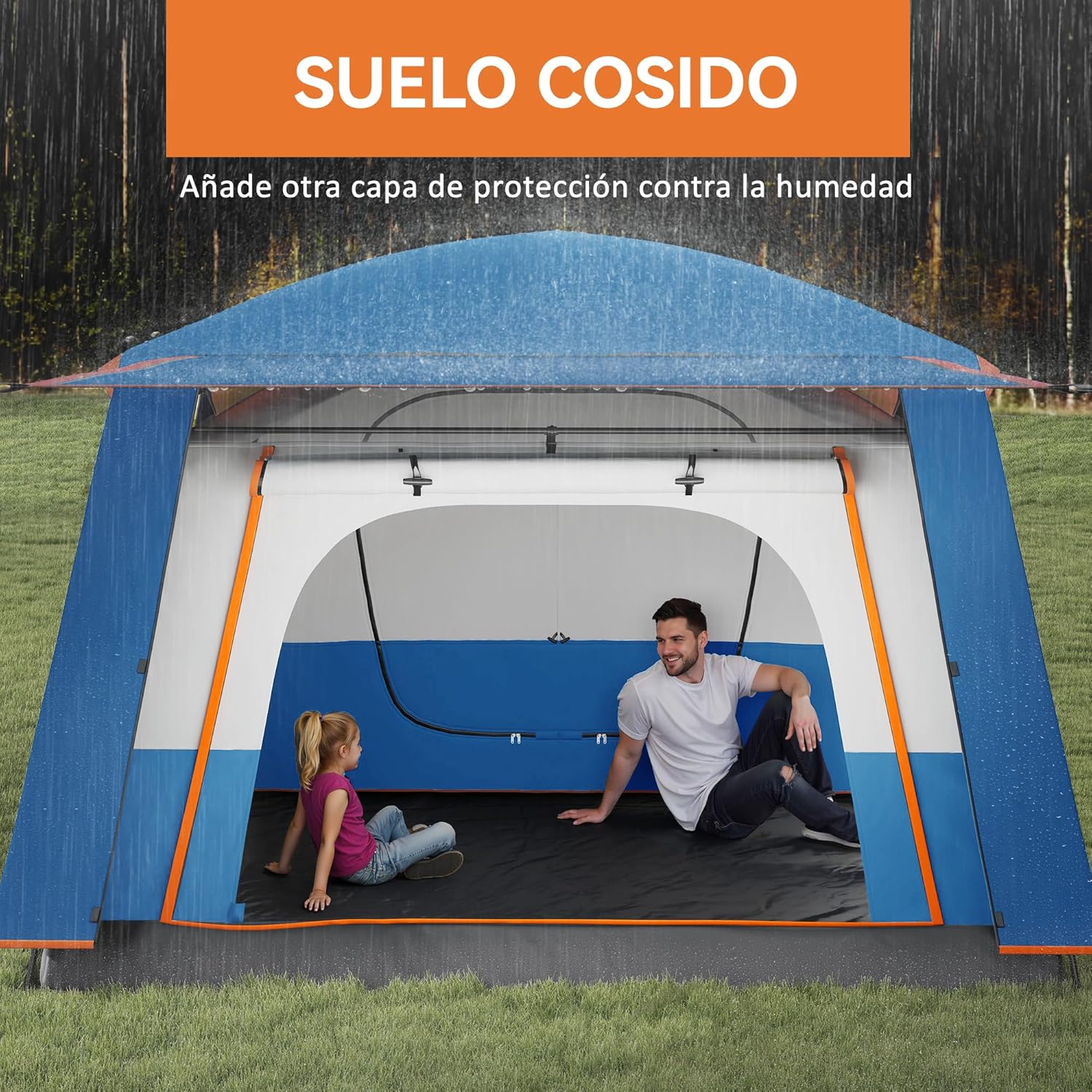 Imagen de Outsunny Tienda de Campaña Familiar para 5 Personas Tienda de Camping Tipo Túnel con 2 Habitaciones Porche Impermeable 3000 mm Anti-UV para Pescar Senderismo