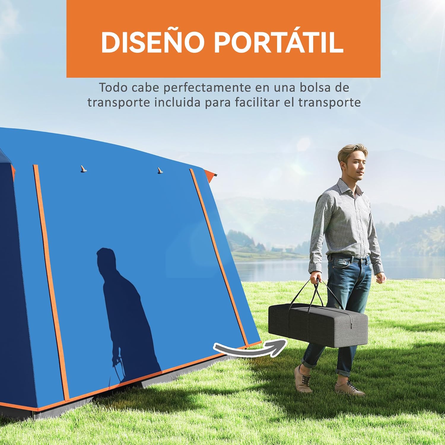 Imagen de Outsunny Tienda de Campaña Familiar para 5 Personas Tienda de Camping Tipo Túnel con 2 Habitaciones Porche Impermeable 3000 mm Anti-UV para Pescar Senderismo