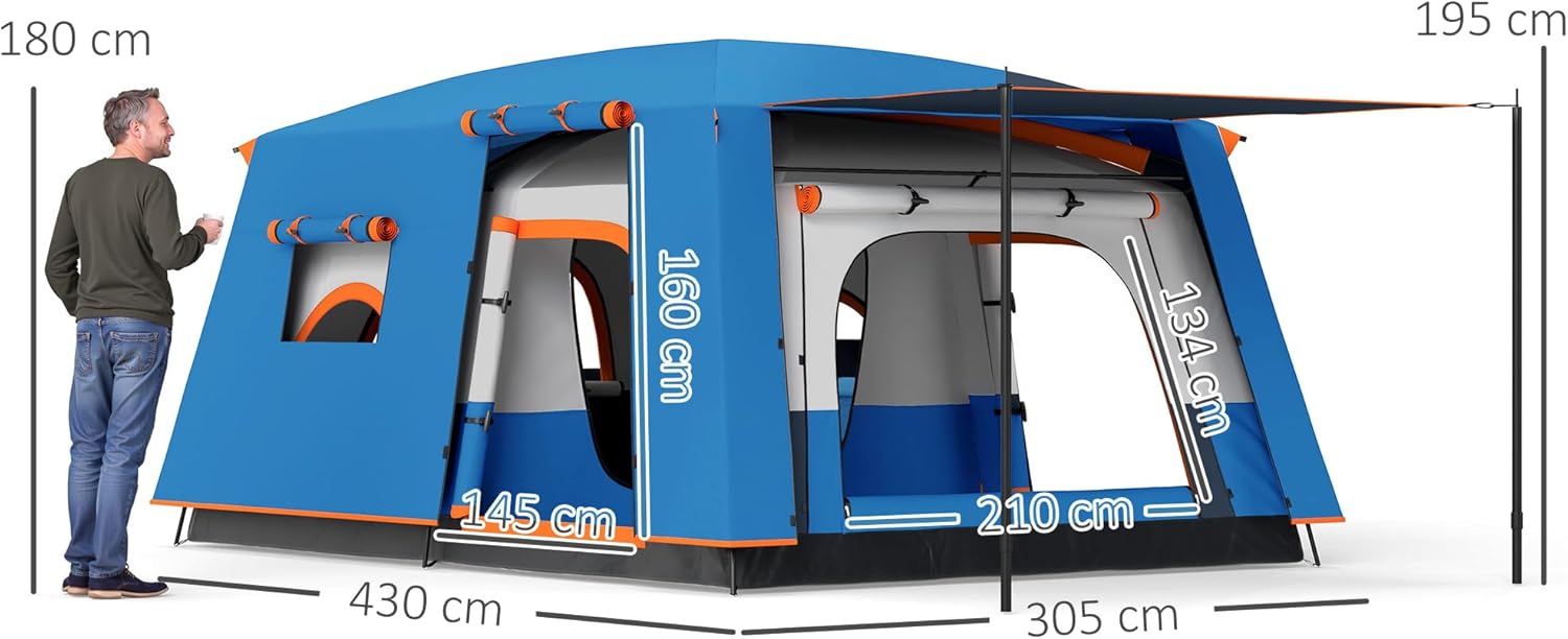 Imagen de Outsunny Tienda de Campaña Familiar para 5 Personas Tienda de Camping Tipo Túnel con 2 Habitaciones Porche Impermeable 3000 mm Anti-UV para Pescar Senderismo