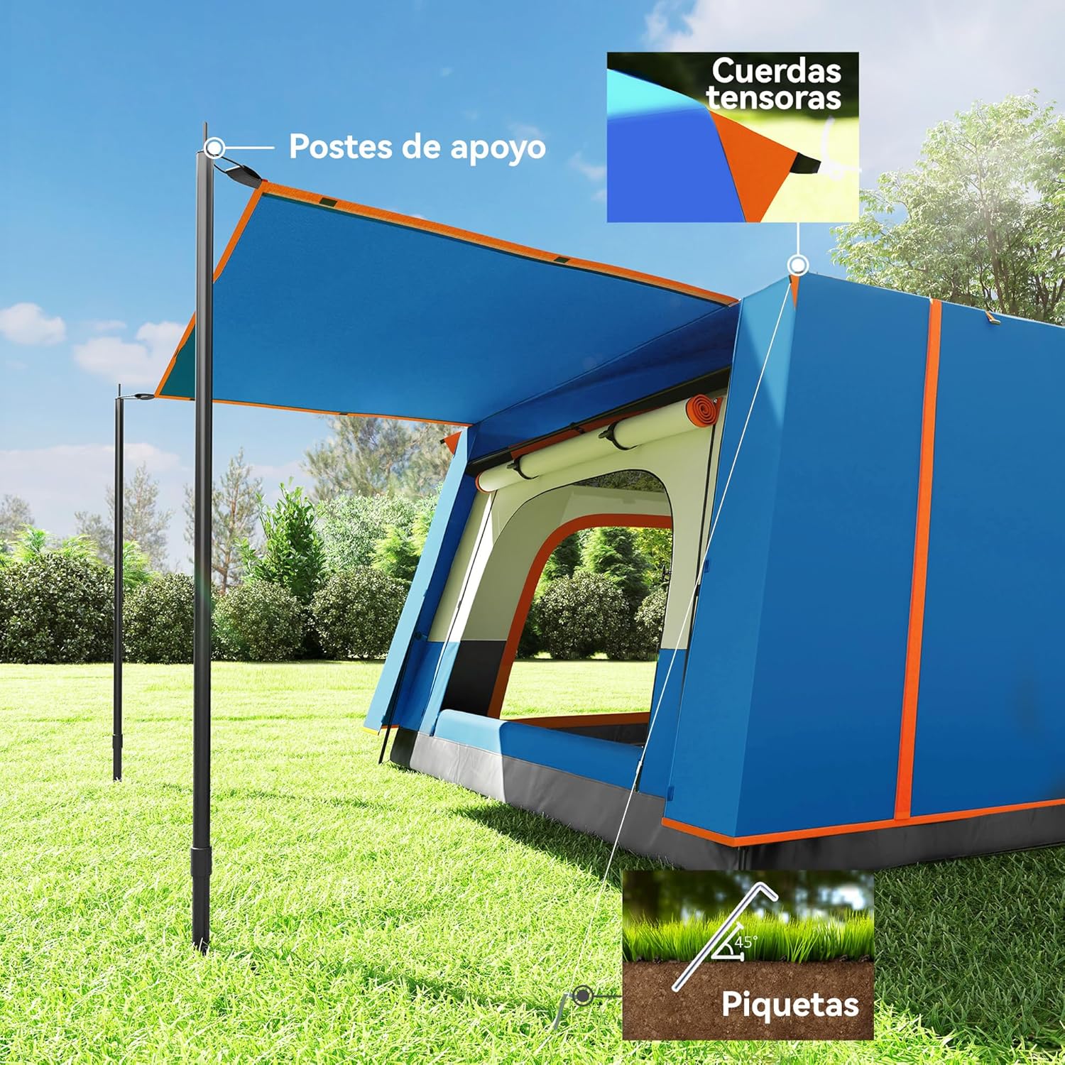 Imagen de Outsunny Tienda de Campaña Familiar para 5 Personas Tienda de Camping Tipo Túnel con 2 Habitaciones Porche Impermeable 3000 mm Anti-UV para Pescar Senderismo