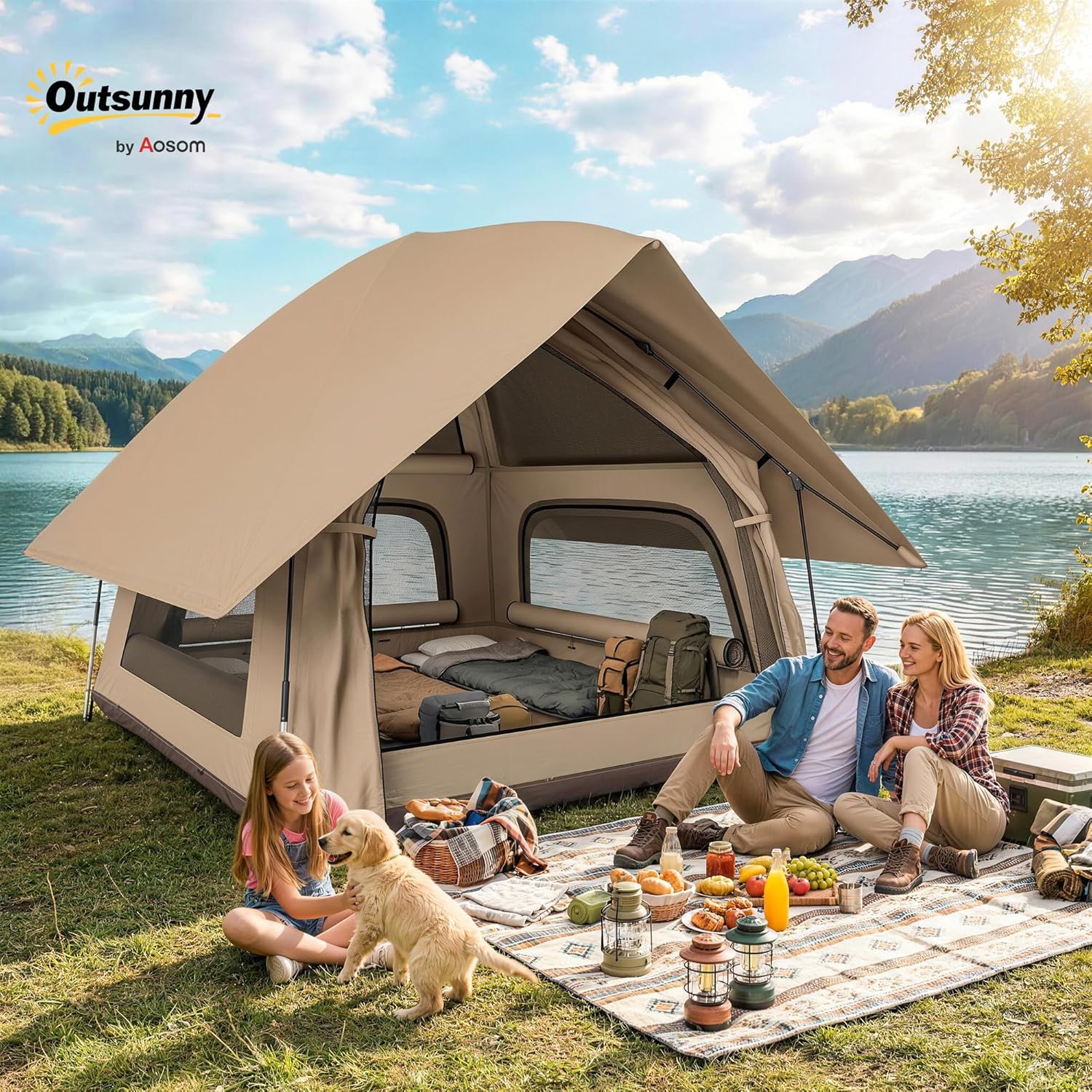 Imagen de Outsunny Tienda de Campaña Pop-up para 2-3 Personas, Tienda de Camping Plegable Portátil, Impermeable 3000 mm con 3 Ventanas, 3 Claraboyas, Base, Bolsa Transporte para Senderismo 235x235x184 cm, Caqui