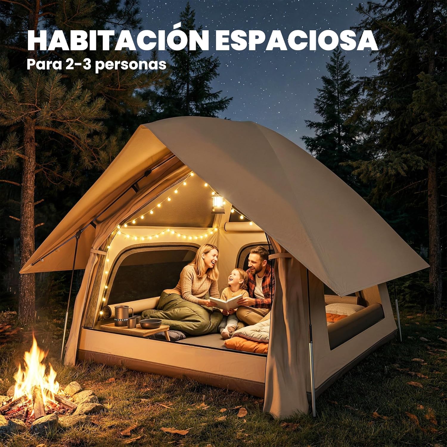 Imagen de Outsunny Tienda de Campaña Pop-up para 2-3 Personas, Tienda de Camping Plegable Portátil, Impermeable 3000 mm con 3 Ventanas, 3 Claraboyas, Base, Bolsa Transporte para Senderismo 235x235x184 cm, Caqui