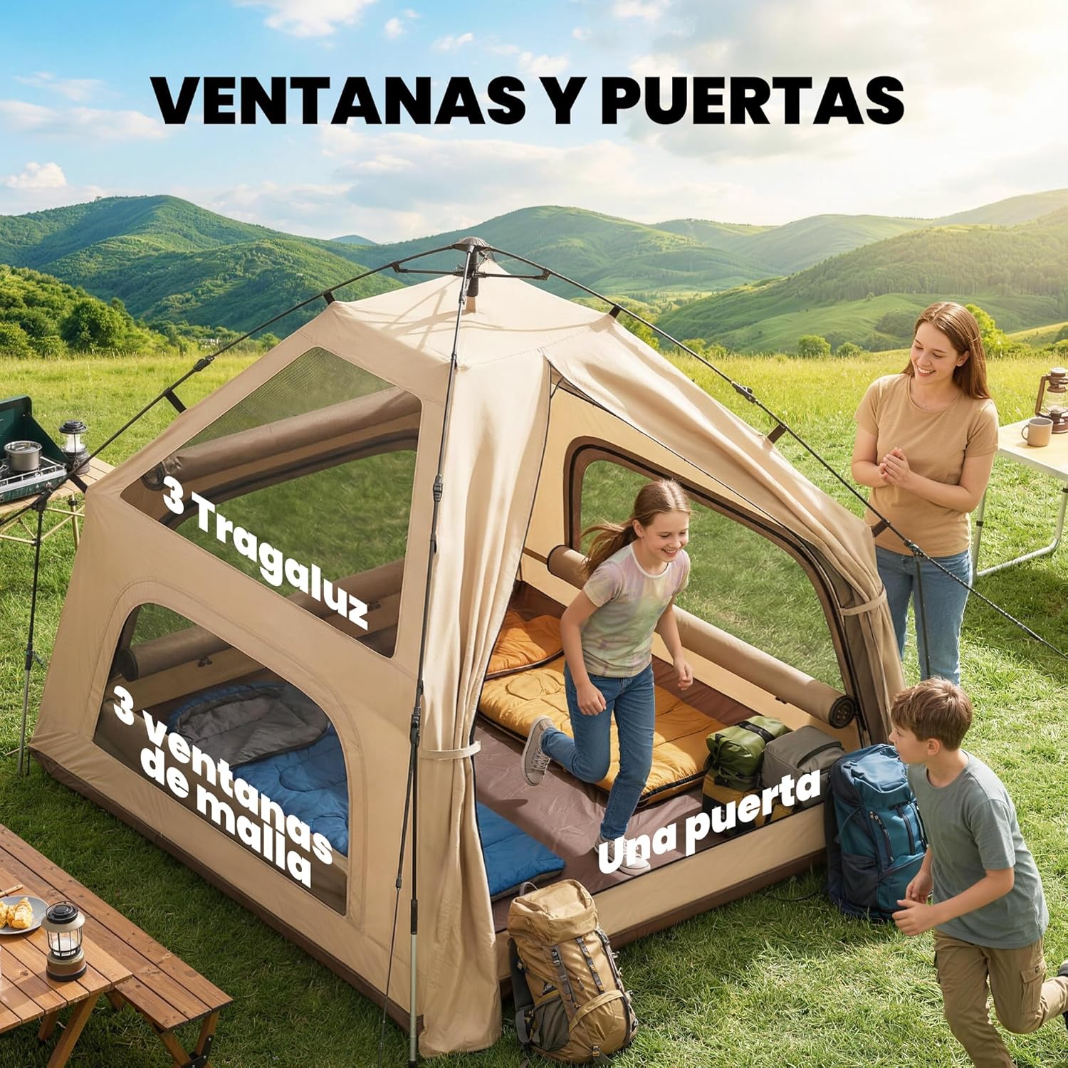 Imagen de Outsunny Tienda de Campaña Pop-up para 2-3 Personas, Tienda de Camping Plegable Portátil, Impermeable 3000 mm con 3 Ventanas, 3 Claraboyas, Base, Bolsa Transporte para Senderismo 235x235x184 cm, Caqui