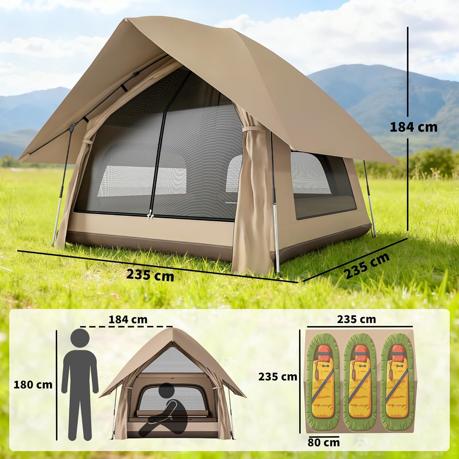 Imagen de Outsunny Tienda de Campaña Pop-up para 2-3 Personas, Tienda de Camping Plegable Portátil, Impermeable 3000 mm con 3 Ventanas, 3 Claraboyas, Base, Bolsa Transporte para Senderismo 235x235x184 cm, Caqui