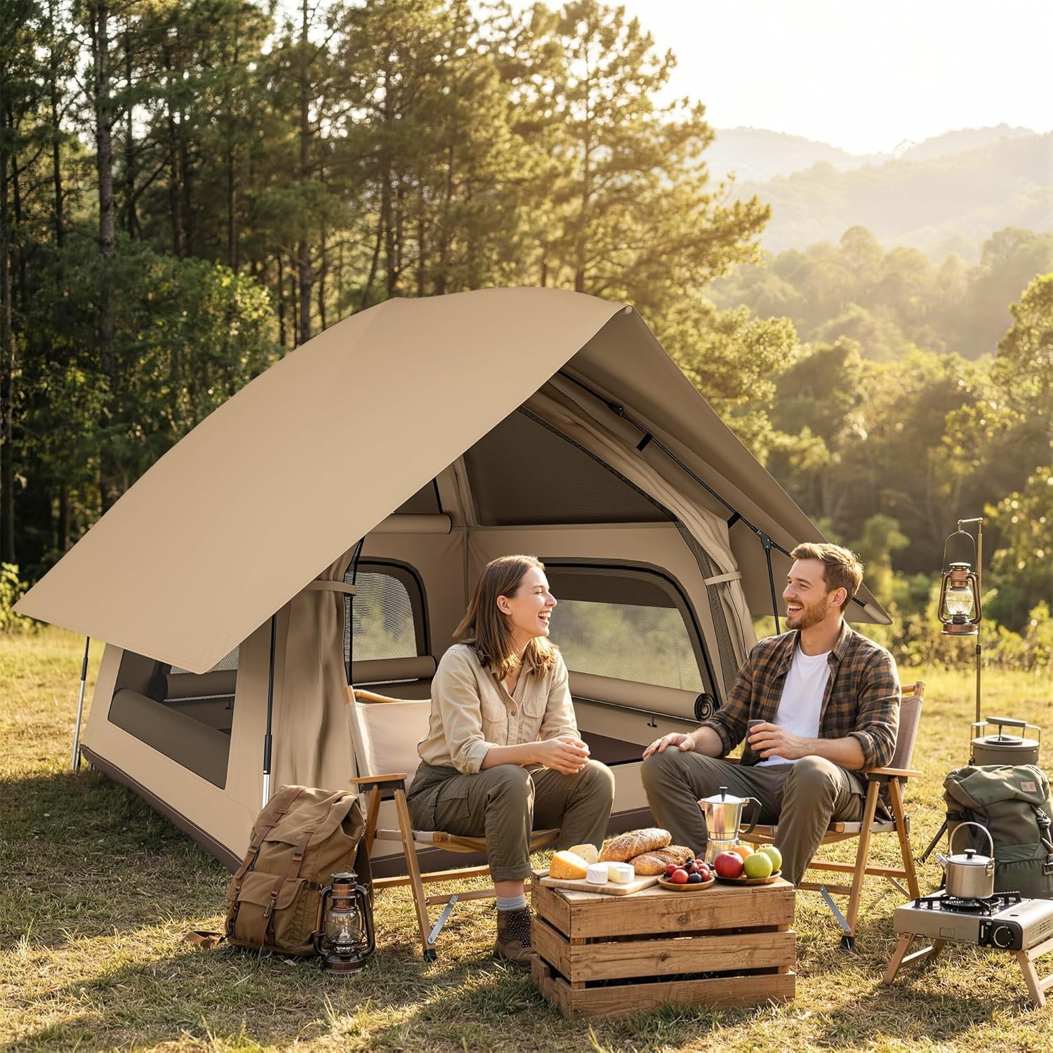 Imagen de Outsunny Tienda de Campaña Pop-up para 2-3 Personas, Tienda de Camping Plegable Portátil, Impermeable 3000 mm con 3 Ventanas, 3 Claraboyas, Base, Bolsa Transporte para Senderismo 235x235x184 cm, Caqui