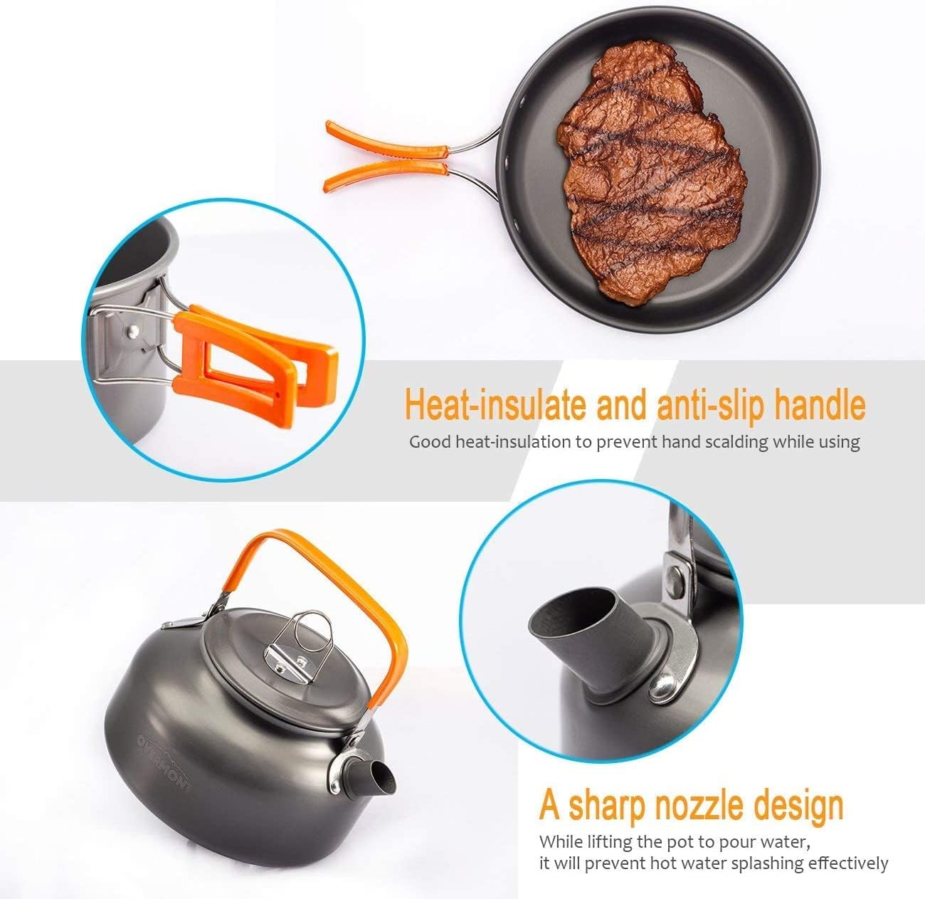 Imagen de OVERMONT 14Pcs Kit de Utensilios Cocina Camping Olla Sartén Tetera Vajilla para Acampada Senderismo Excursión al Aire Llibre de Aluminio