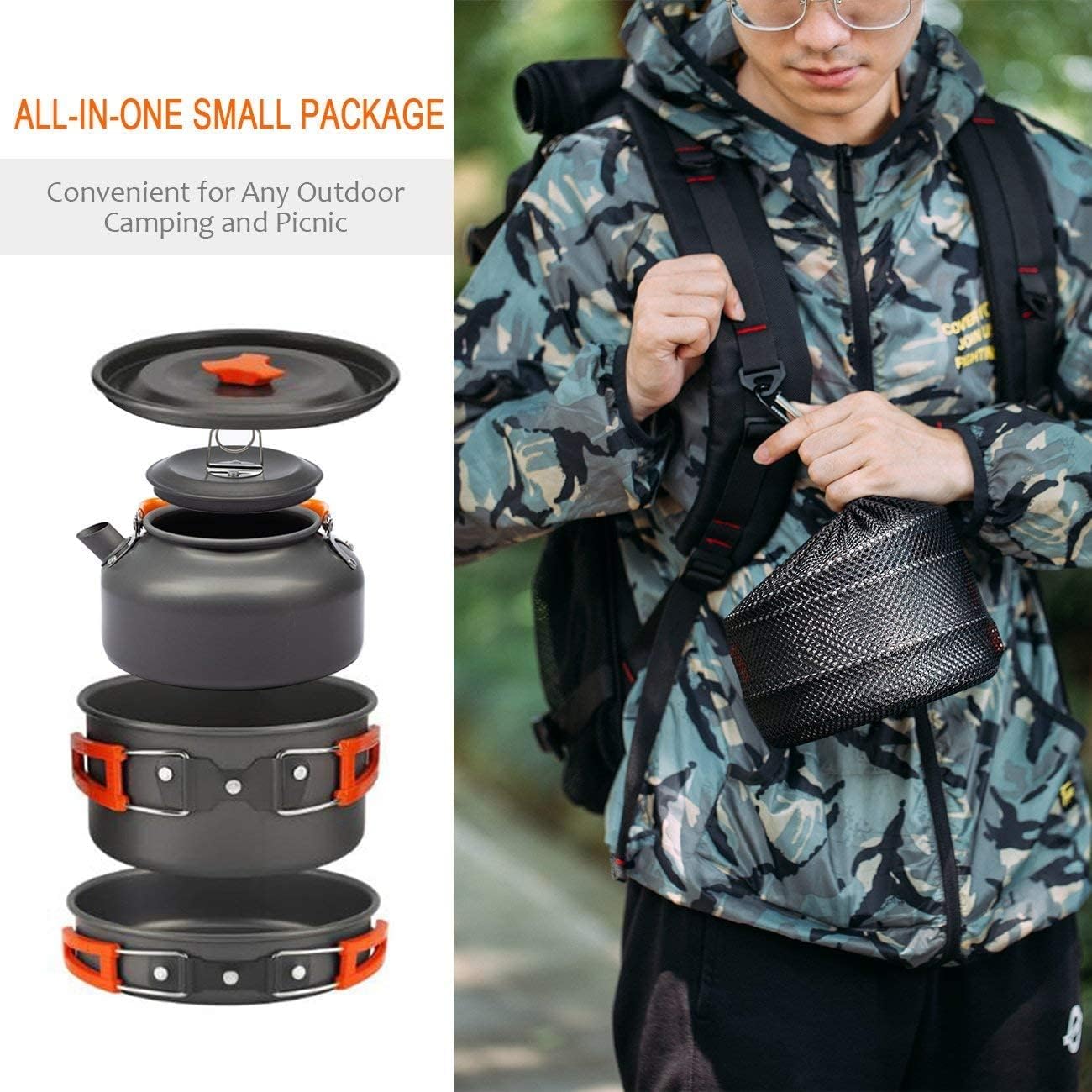 Imagen de OVERMONT 14Pcs Kit de Utensilios Cocina Camping Olla Sartén Tetera Vajilla para Acampada Senderismo Excursión al Aire Llibre de Aluminio