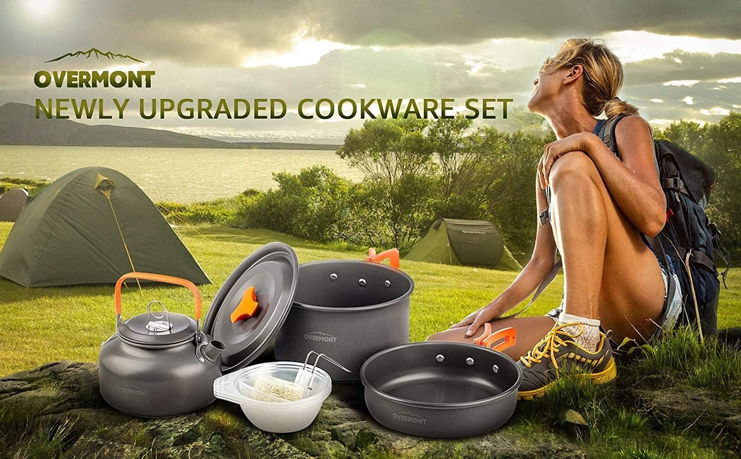 Imagen de OVERMONT 14Pcs Kit de Utensilios Cocina Camping Olla Sartén Tetera Vajilla para Acampada Senderismo Excursión al Aire Llibre de Aluminio