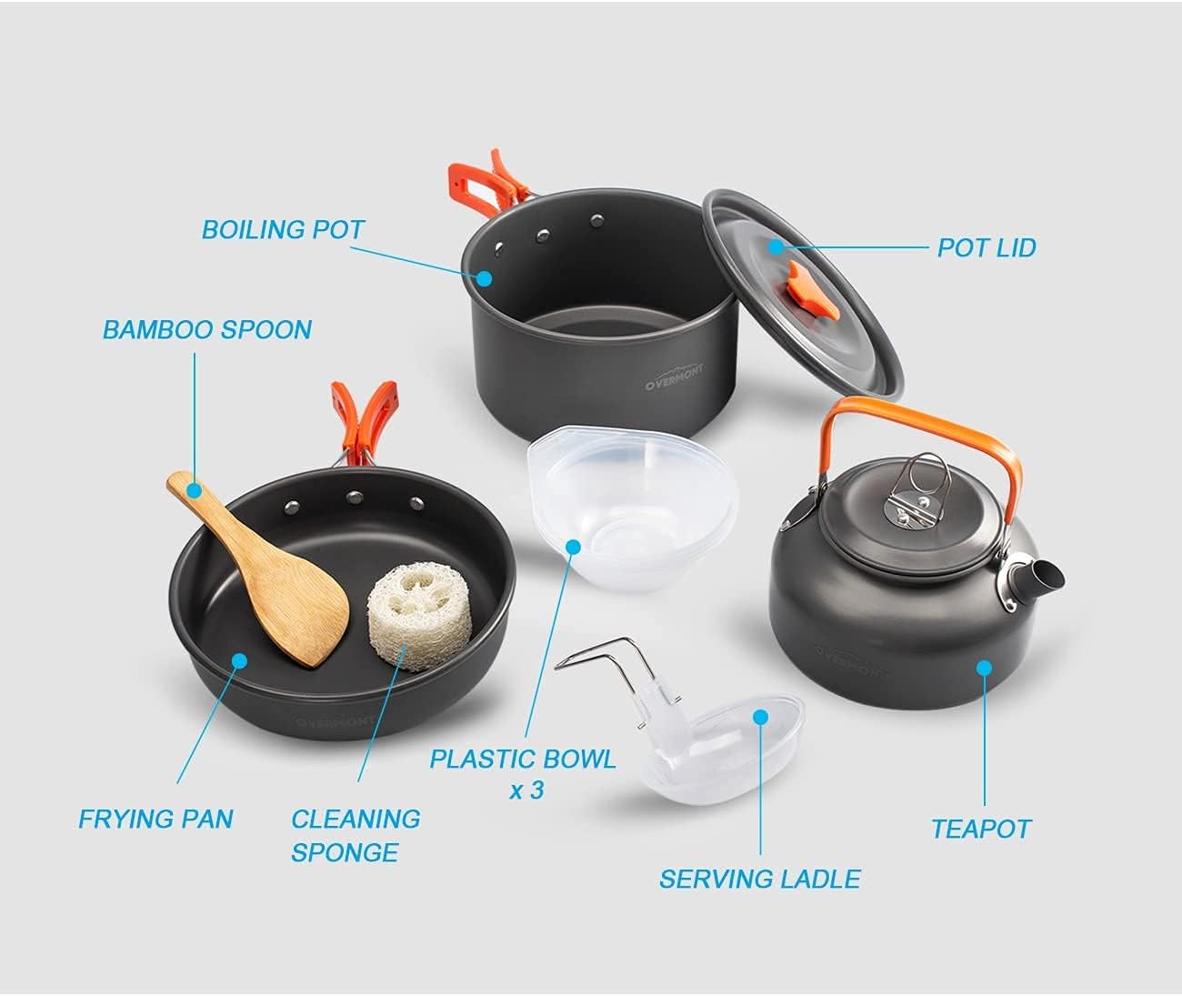 Imagen de OVERMONT 14Pcs Kit de Utensilios Cocina Camping Olla Sartén Tetera Vajilla para Acampada Senderismo Excursión al Aire Llibre de Aluminio