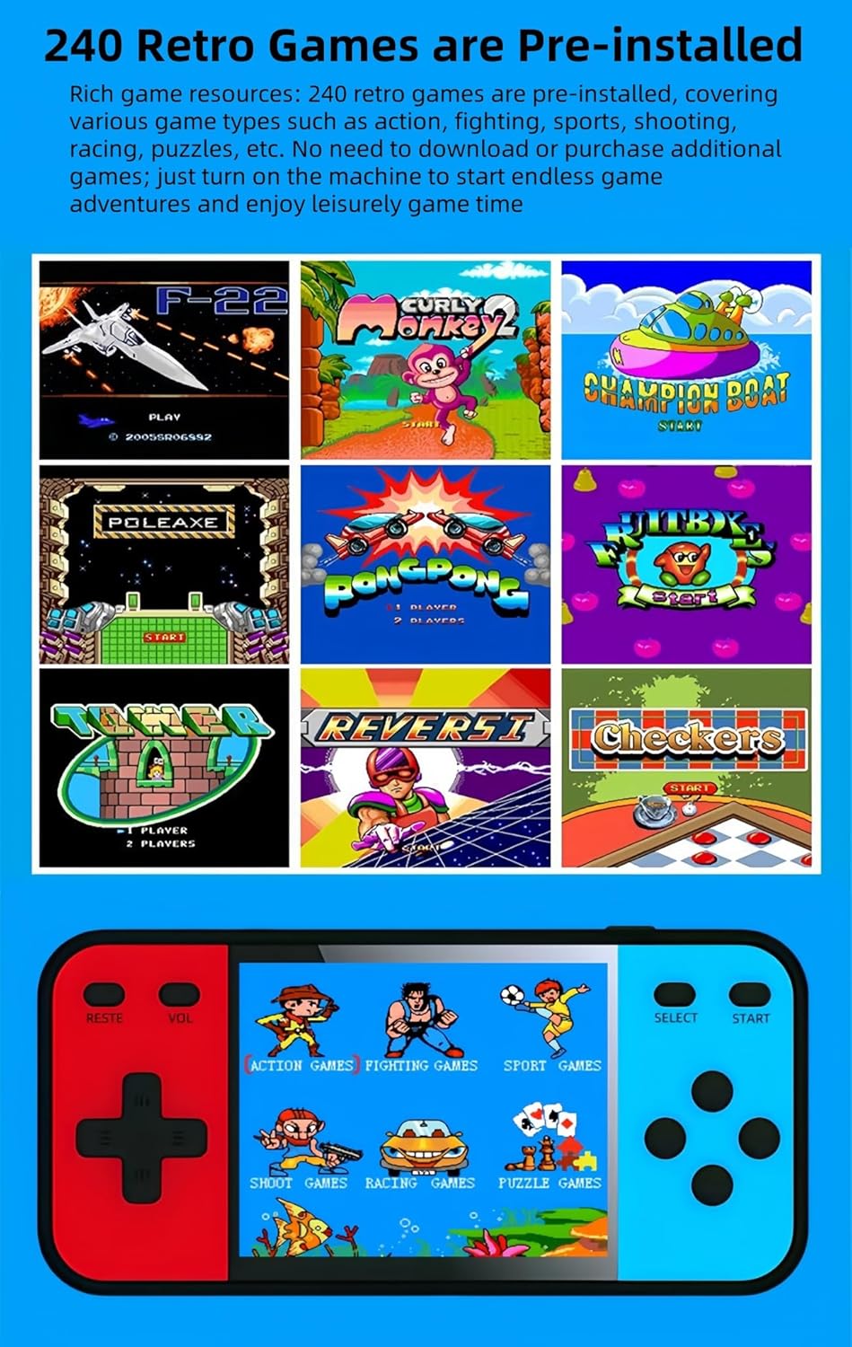 Imagen de Pantalla de 3.0" Colorida Consola de Juegos Retro 240 Videojuegos Salida AV Juego Electrónico Portátil para Estudiantes Juguete Portátil para Niños/Cumpleaños
