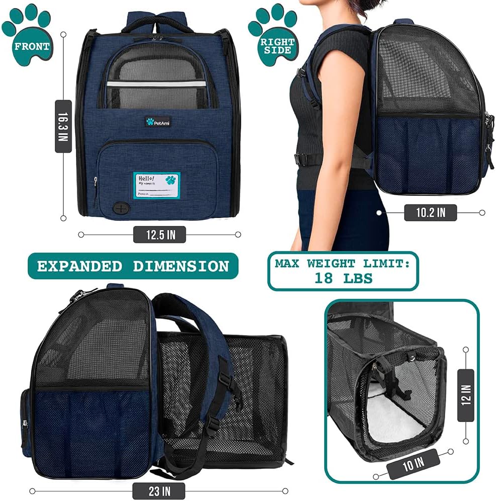 Imagen de PetAmi Mochila transportadora para Perros y Gatos, Mochila expandible para Viajes y Senderismo, Mochila de Transporte para Perros pequeños y medianos, Mochila de Transporte para Gatos Grandes,