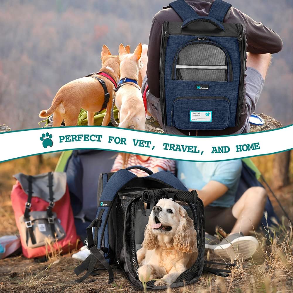 Imagen de PetAmi Mochila transportadora para Perros y Gatos, Mochila expandible para Viajes y Senderismo, Mochila de Transporte para Perros pequeños y medianos, Mochila de Transporte para Gatos Grandes,