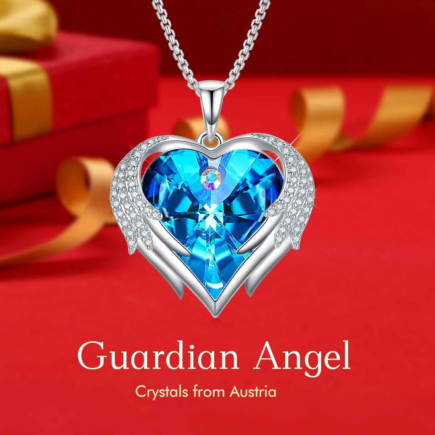 Imagen de Praelinos Alas de Ángel Collares Mujer Corazón 18K Chapado en Oro Blanco Cristal 5A Zirconia Cúbica Joyas Mujer Regalo Cumpleaños Aniversario San Valentín para Esposa Mama Novia