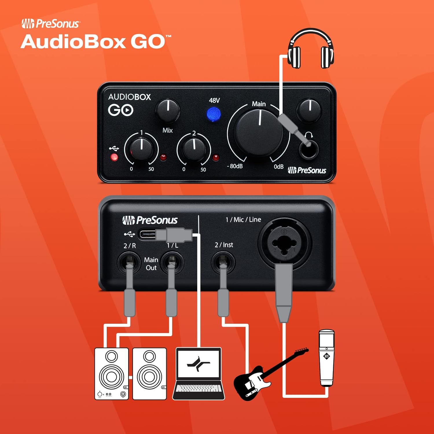 Imagen de PreSonus AudioBox GO, Interfaz de Audio USB-C, Para Producción Musical con Software de Grabación Studio One, Tutoriales Musicales, Ejemplos de Sonido e Instrumentos Virtuales