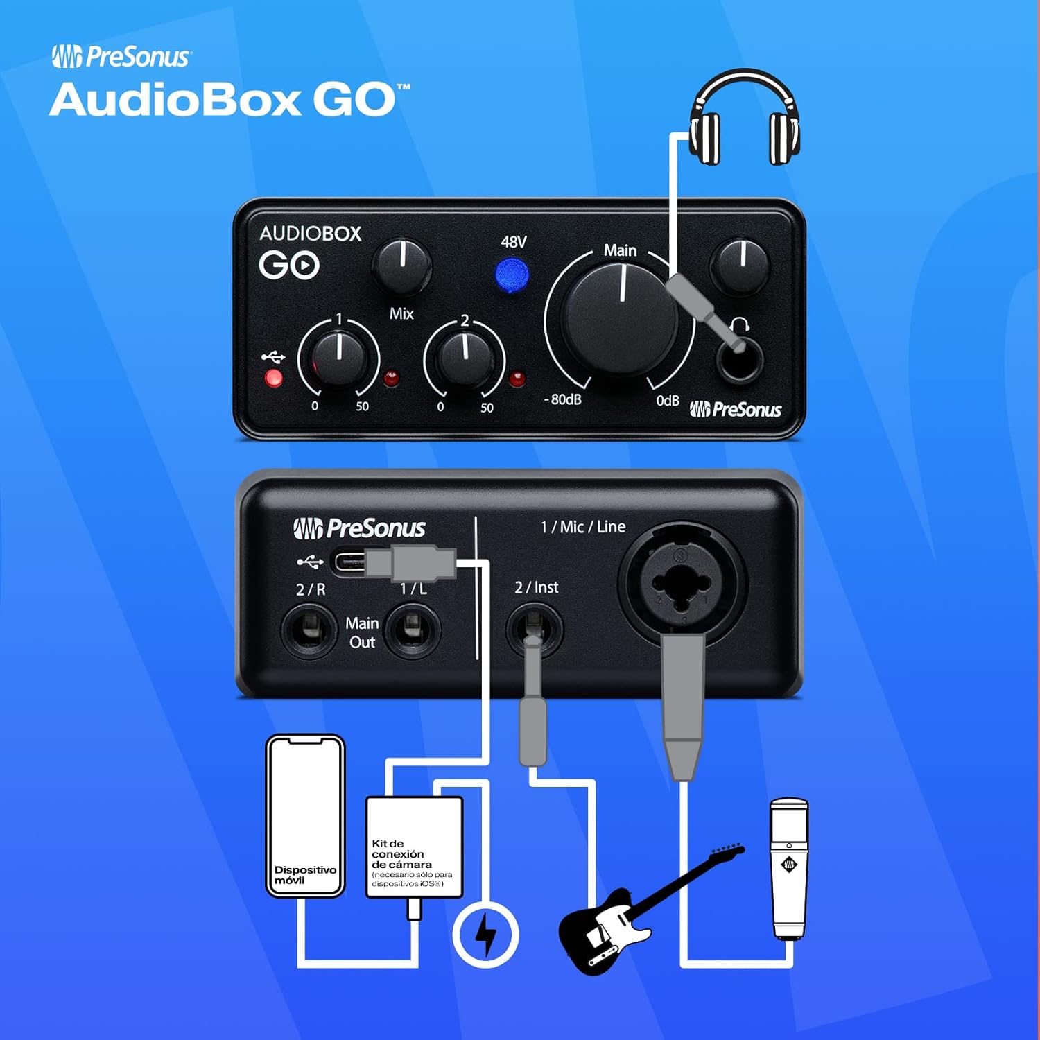 Imagen de PreSonus AudioBox GO, Interfaz de Audio USB-C, Para Producción Musical con Software de Grabación Studio One, Tutoriales Musicales, Ejemplos de Sonido e Instrumentos Virtuales