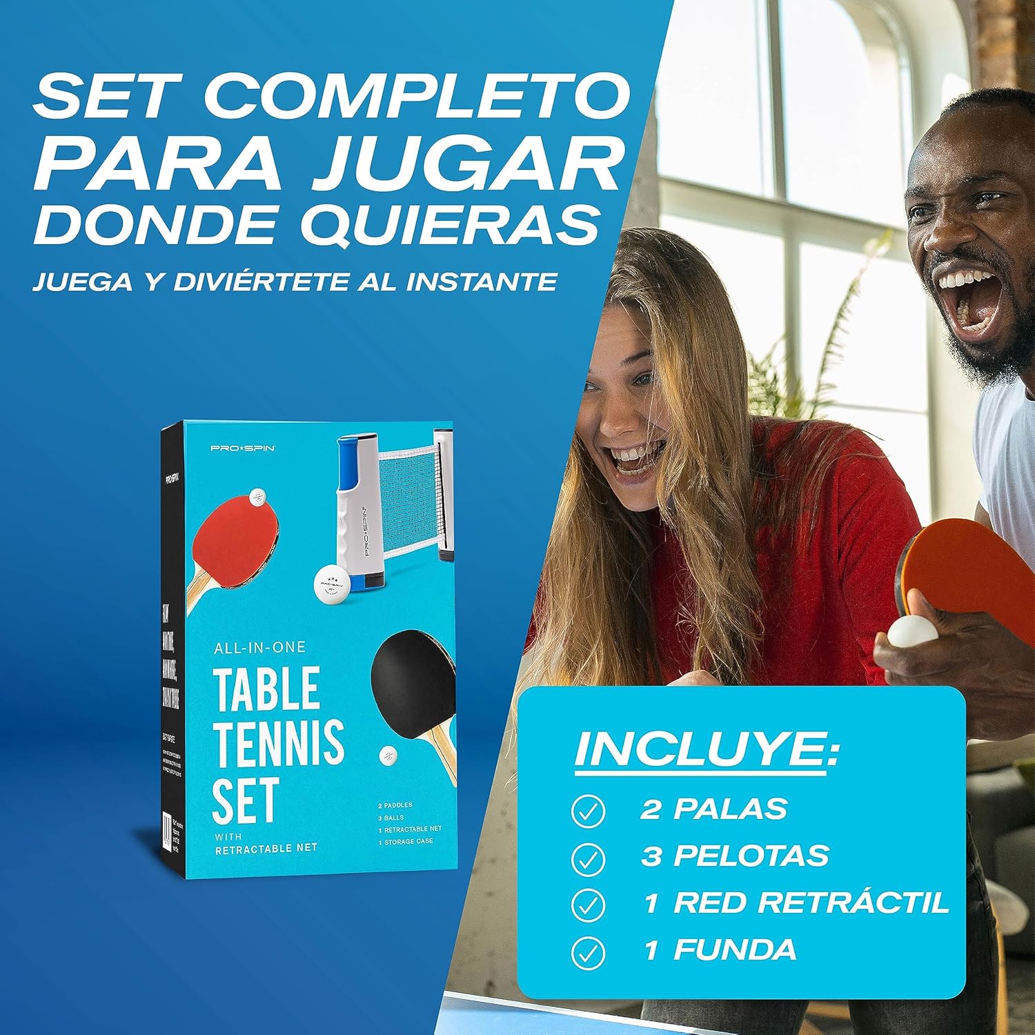 Imagen de PRO-SPIN Set de Ping Pong Portátil - Kit Premium con Red Retráctil para Cualquier Mesa, Palas, Pelotas de Ping Pong 3 Estrellas y Caja de Almacenamiento - Regalo Ideal - Interior/Exterior