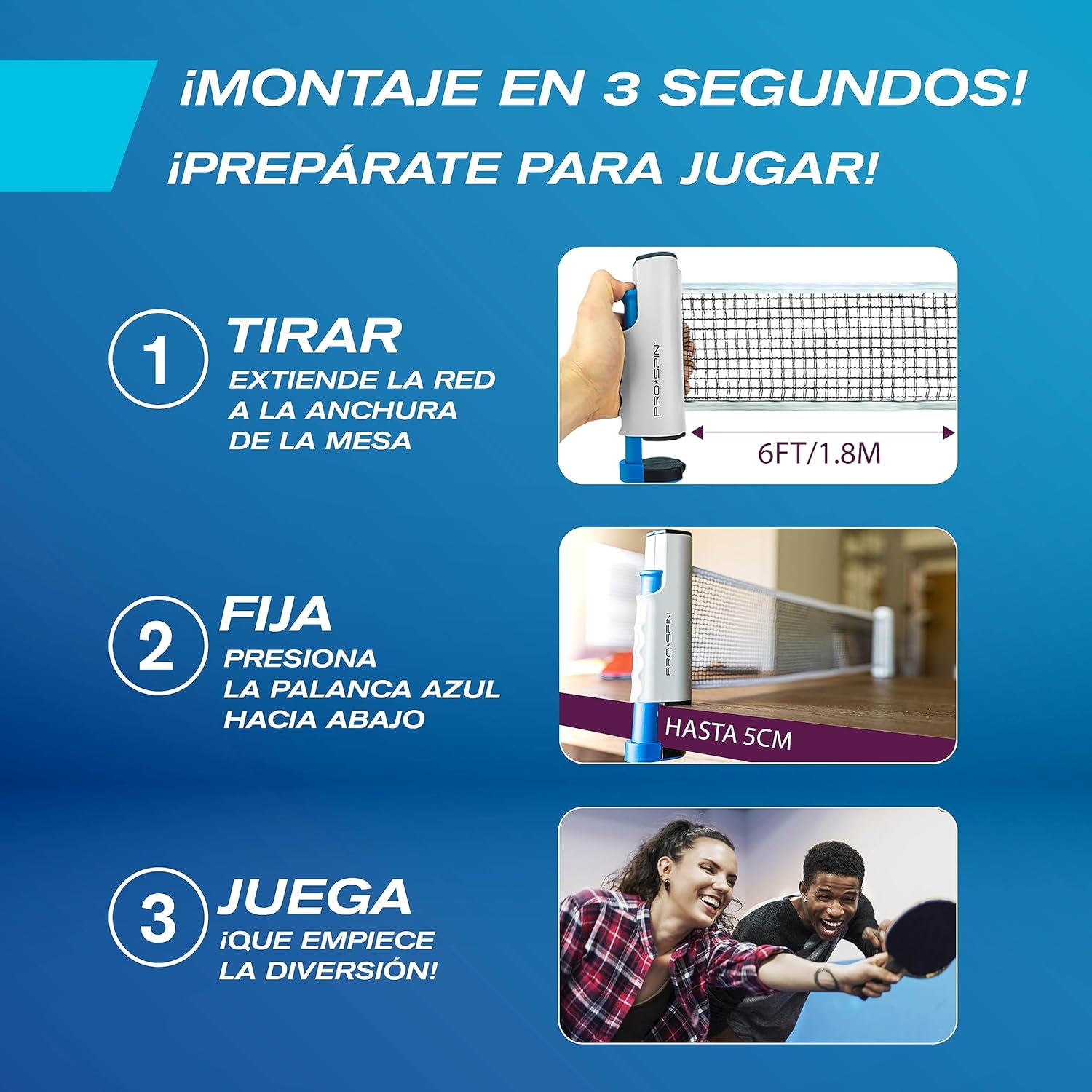 Imagen de PRO-SPIN Set de Ping Pong Portátil - Kit Premium con Red Retráctil para Cualquier Mesa, Palas, Pelotas de Ping Pong 3 Estrellas y Caja de Almacenamiento - Regalo Ideal - Interior/Exterior