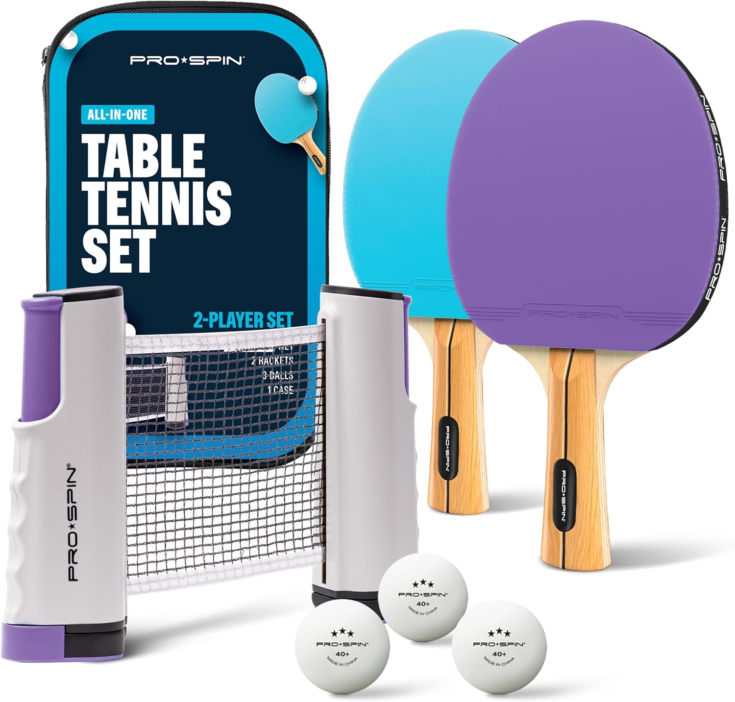 Imagen de PRO-SPIN Set de Ping Pong Portátil - Kit Premium con Red Retráctil para Cualquier Mesa, Palas, Pelotas de Ping Pong 3 Estrellas y Caja de Almacenamiento - Regalo Ideal - Interior/Exterior