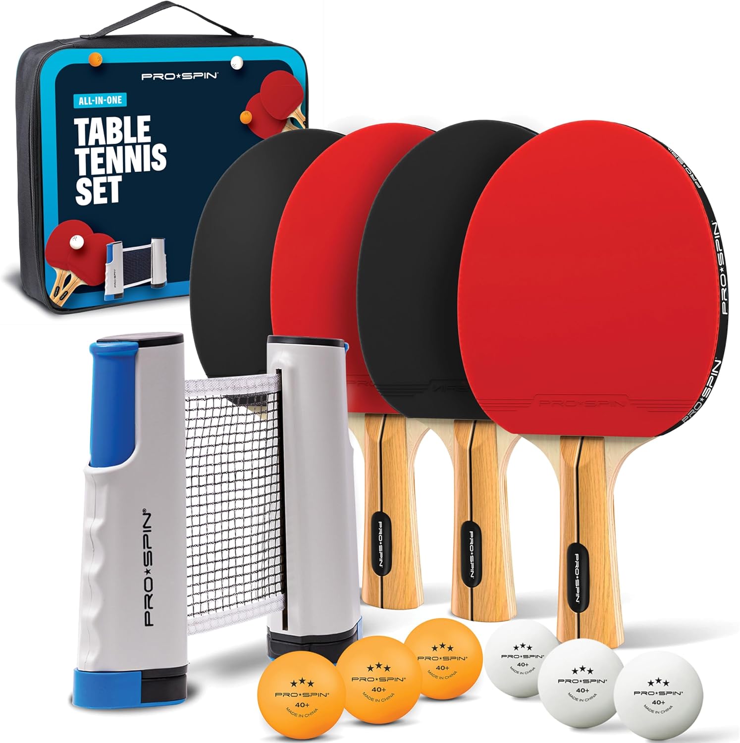 Imagen de PRO-SPIN Set de Ping Pong Portátil - Kit Premium con Red Retráctil para Cualquier Mesa, Palas, Pelotas de Ping Pong 3 Estrellas y Caja de Almacenamiento - Regalo Ideal - Interior/Exterior
