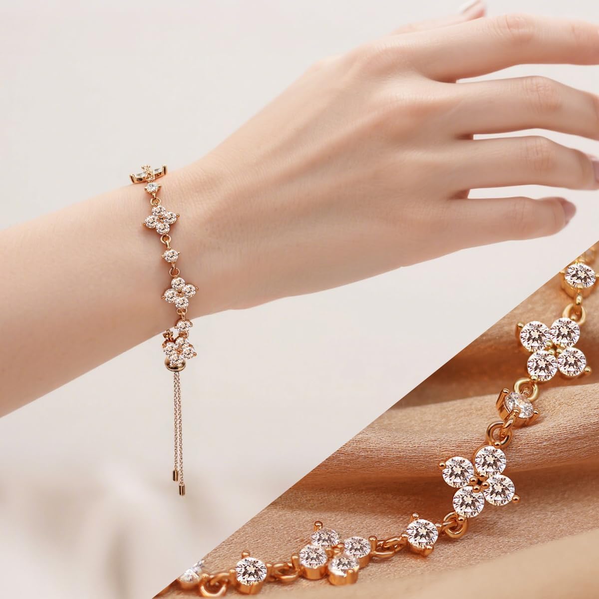 Imagen de Pulsera FEIKFEIZ de moissanita, con diamante moissanita cultivado en laboratorio, chapado en oro rosado 18K, pulsera de trébol ajustable, regalo para mujer.