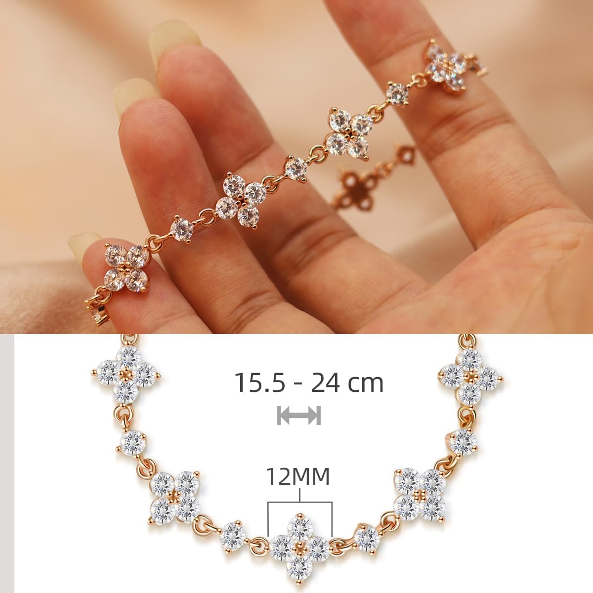 Imagen de Pulsera FEIKFEIZ de moissanita, con diamante moissanita cultivado en laboratorio, chapado en oro rosado 18K, pulsera de trébol ajustable, regalo para mujer.